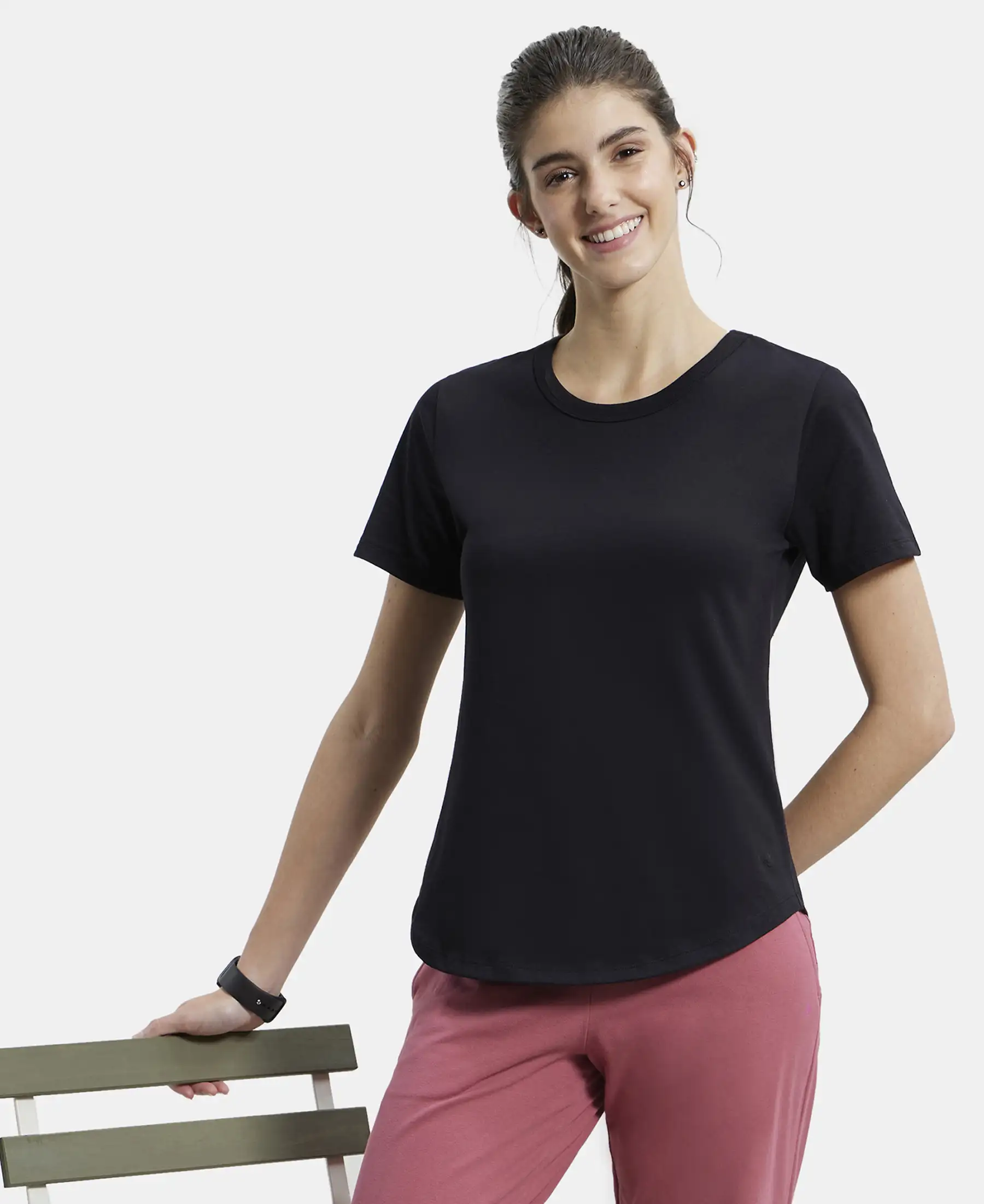 Super Combed Cotton Rich Relaxed Fit Solid Curved Hem Styled Half Sleeve T-Shirt - Black - Image 5