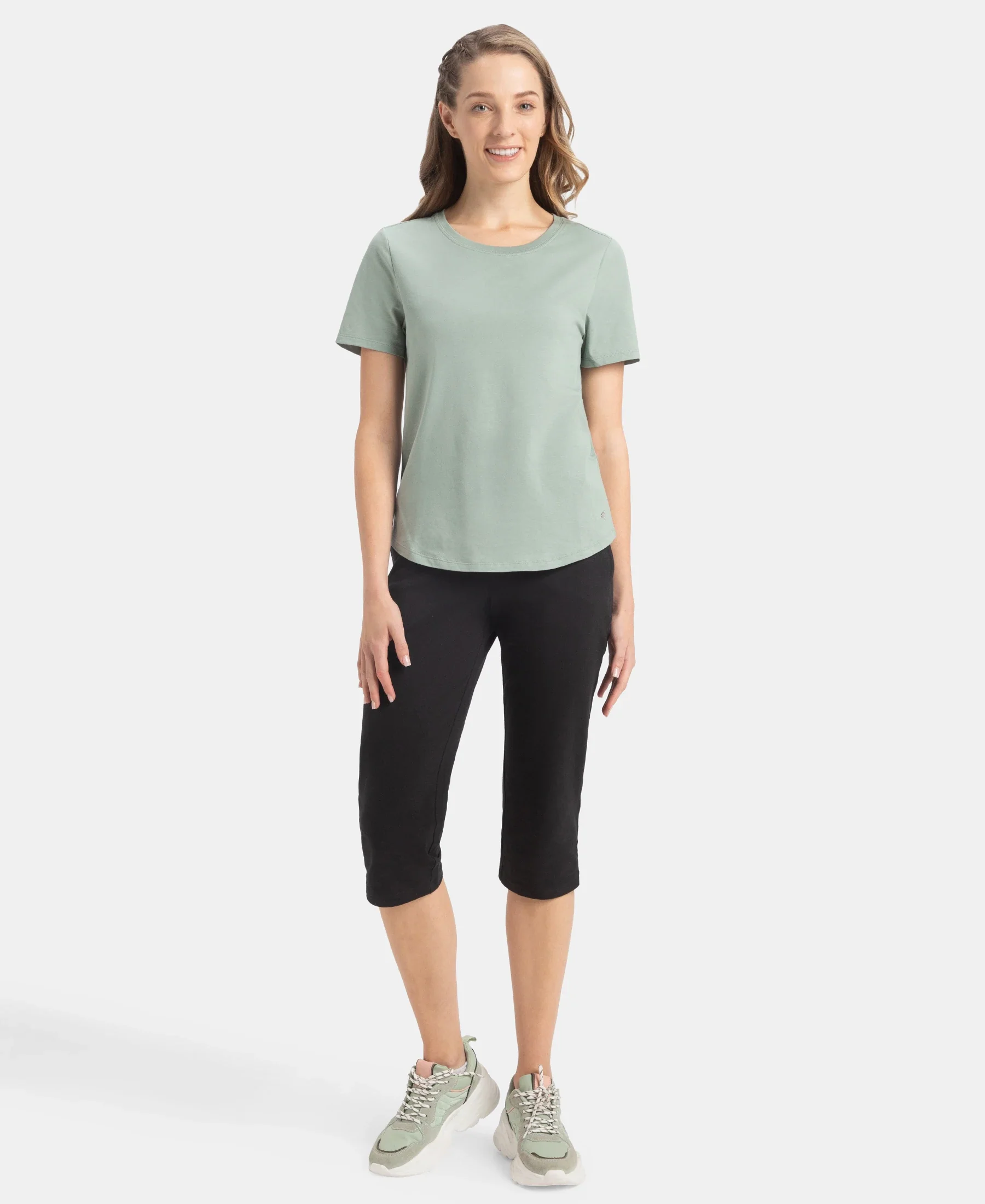 Super Combed Cotton Rich Relaxed Fit Solid Curved Hem Styled Half Sleeve T-Shirt - Iceberg Green - Image 4