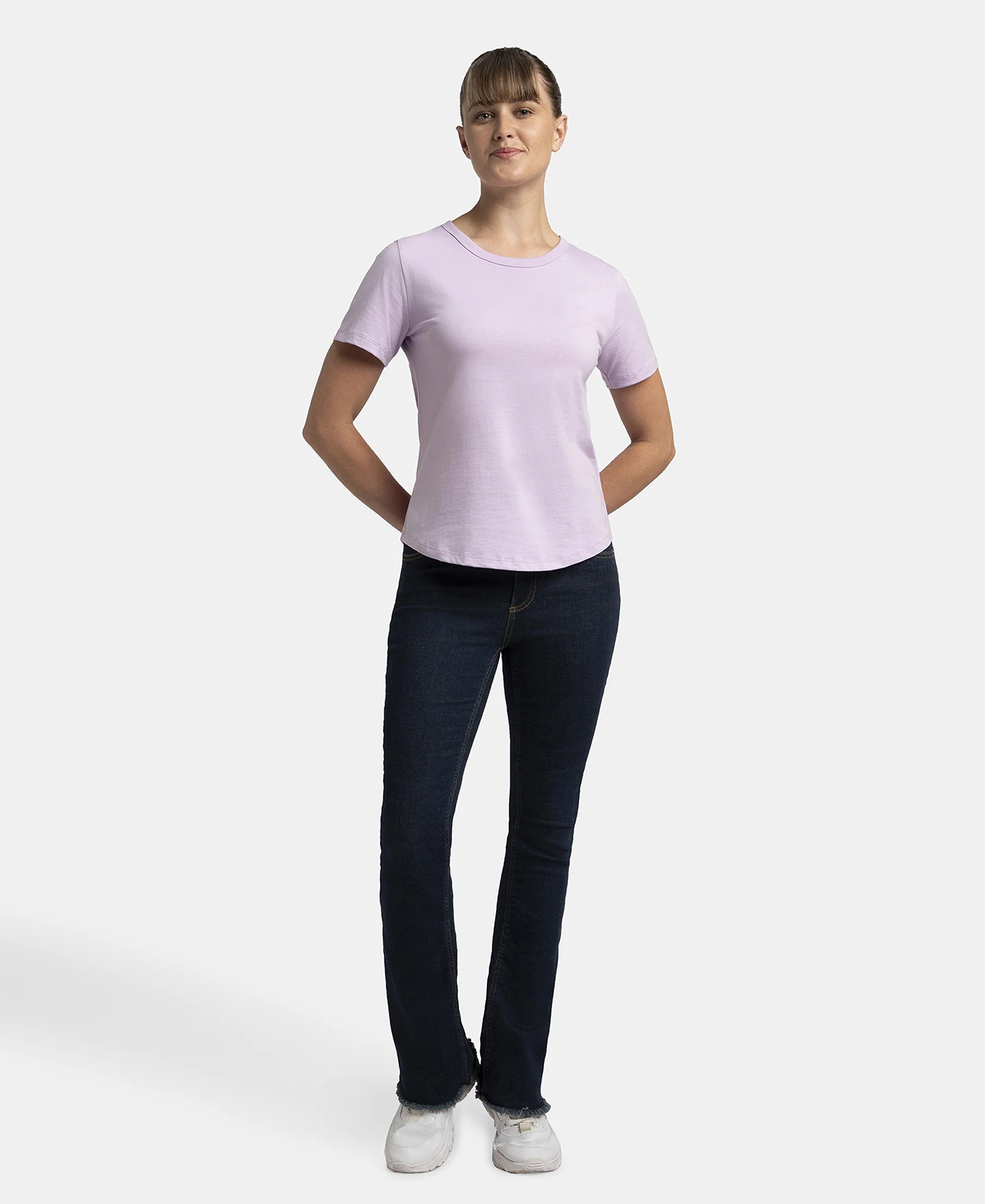 Super Combed Cotton Rich Relaxed Fit Solid Curved Hem Styled Half Sleeve T-Shirt - Orchid Bloom - Image 3