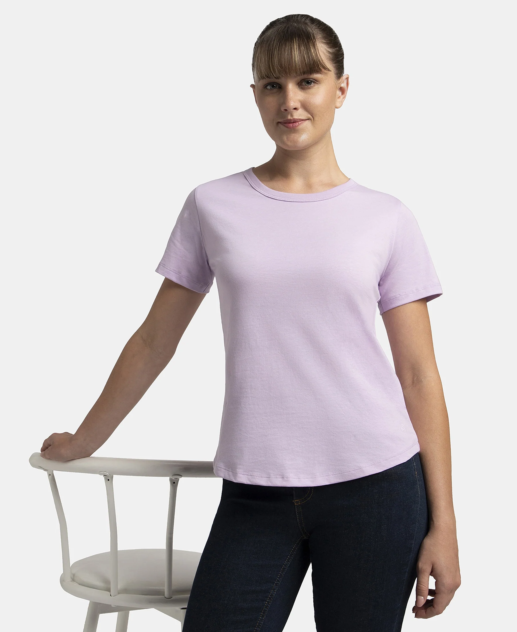 Super Combed Cotton Rich Relaxed Fit Solid Curved Hem Styled Half Sleeve T-Shirt - Orchid Bloom - Image 4