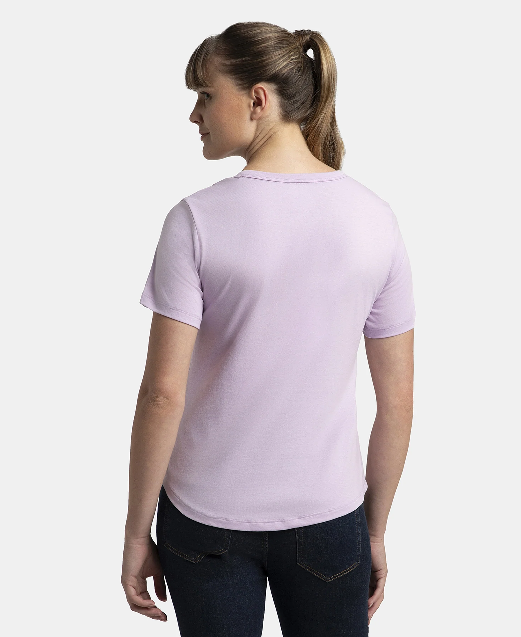 Super Combed Cotton Rich Relaxed Fit Solid Curved Hem Styled Half Sleeve T-Shirt - Orchid Bloom - Image 7