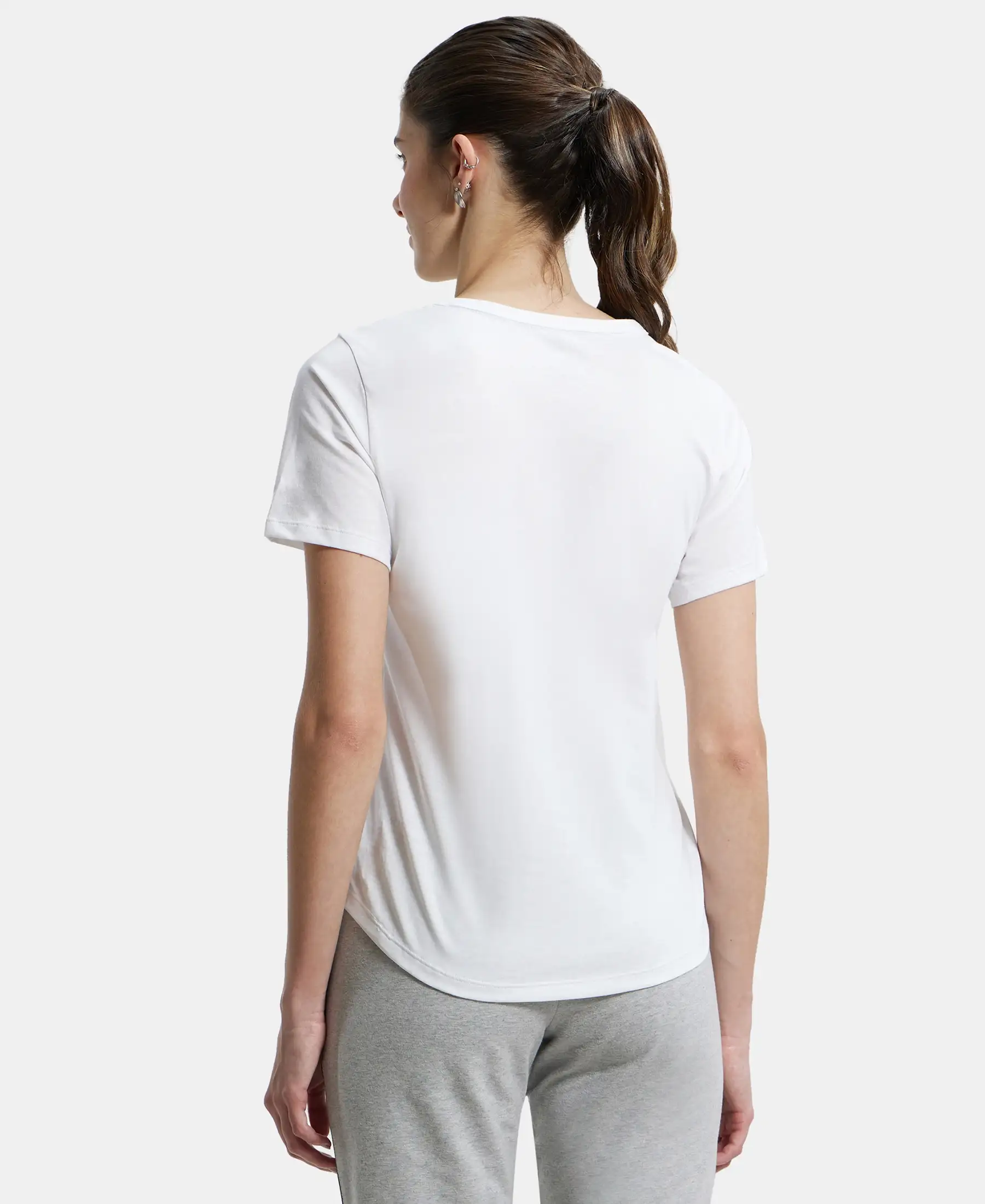 Super Combed Cotton Rich Relaxed Fit Solid Curved Hem Styled Half Sleeve T-Shirt - White - Image 3