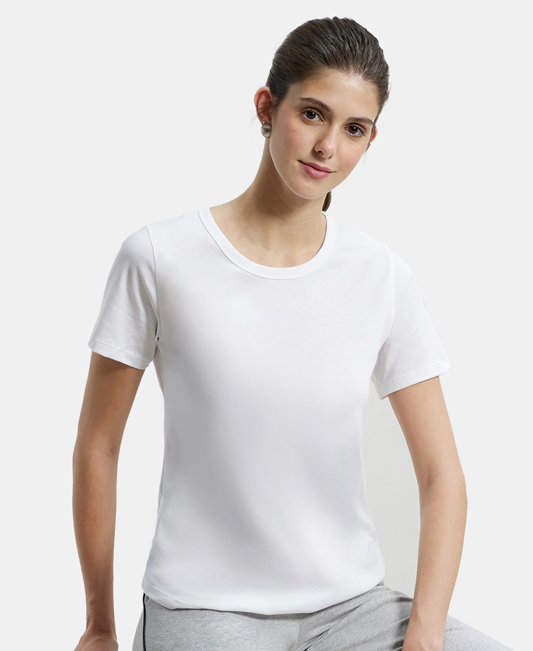 Super Combed Cotton Rich Relaxed Fit Solid Curved Hem Styled Half Sleeve T-Shirt - White - Image 5