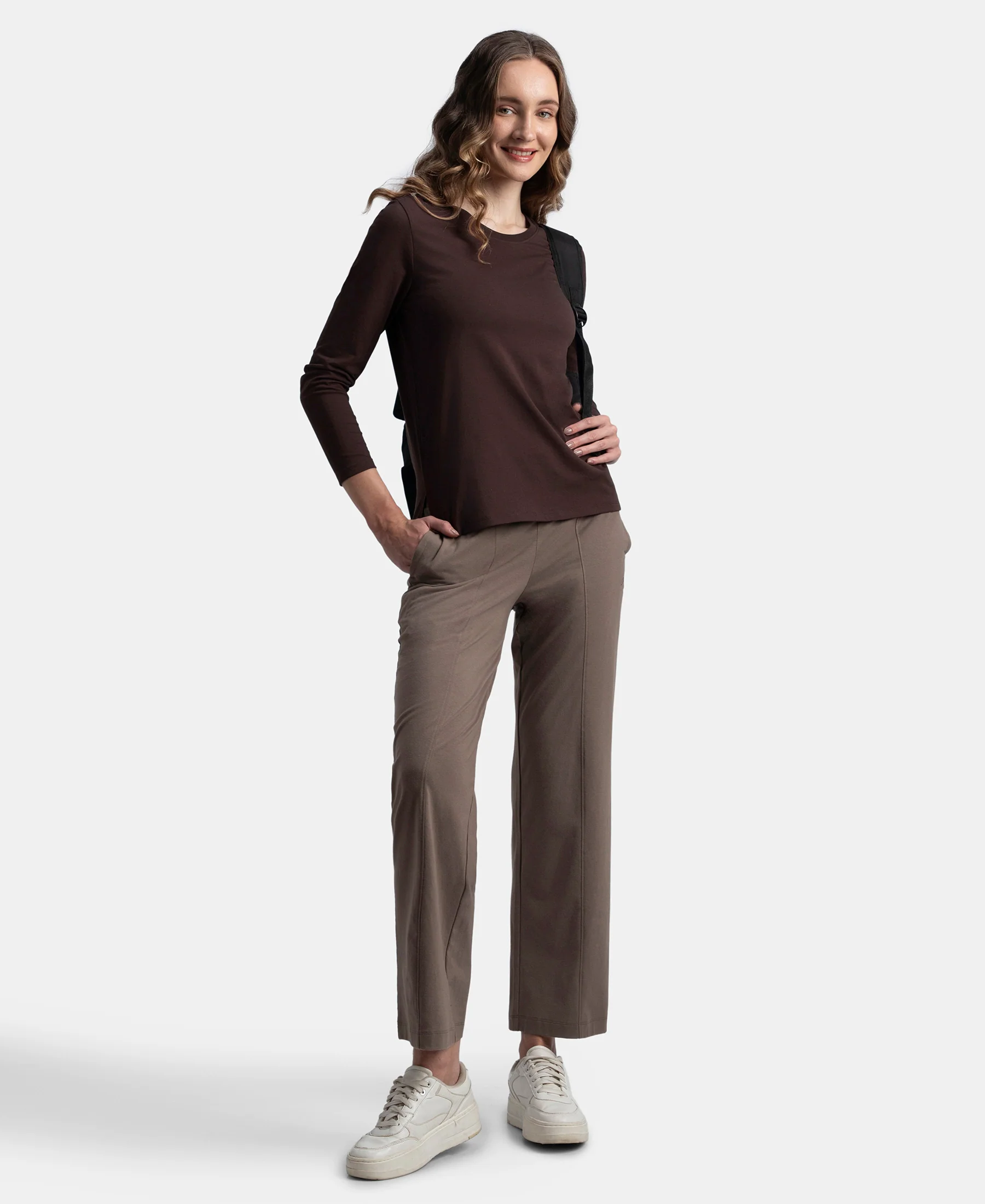 Super Combed Cotton Rich Relaxed Fit Solid Round Neck Full Sleeve T-Shirt - Puce - Image 6