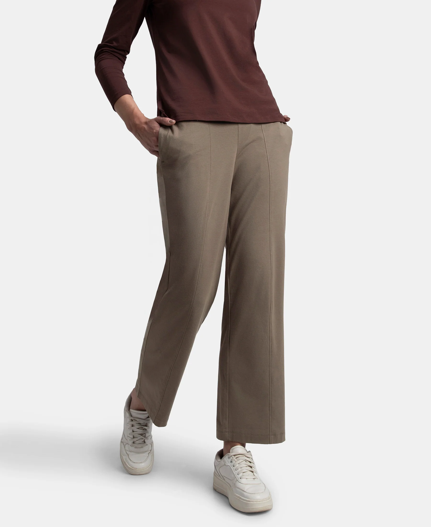 Super Combed Cotton Rich Relaxed Fit Wide Leg Pants with Side Pockets - Dark Khaki - Image 5