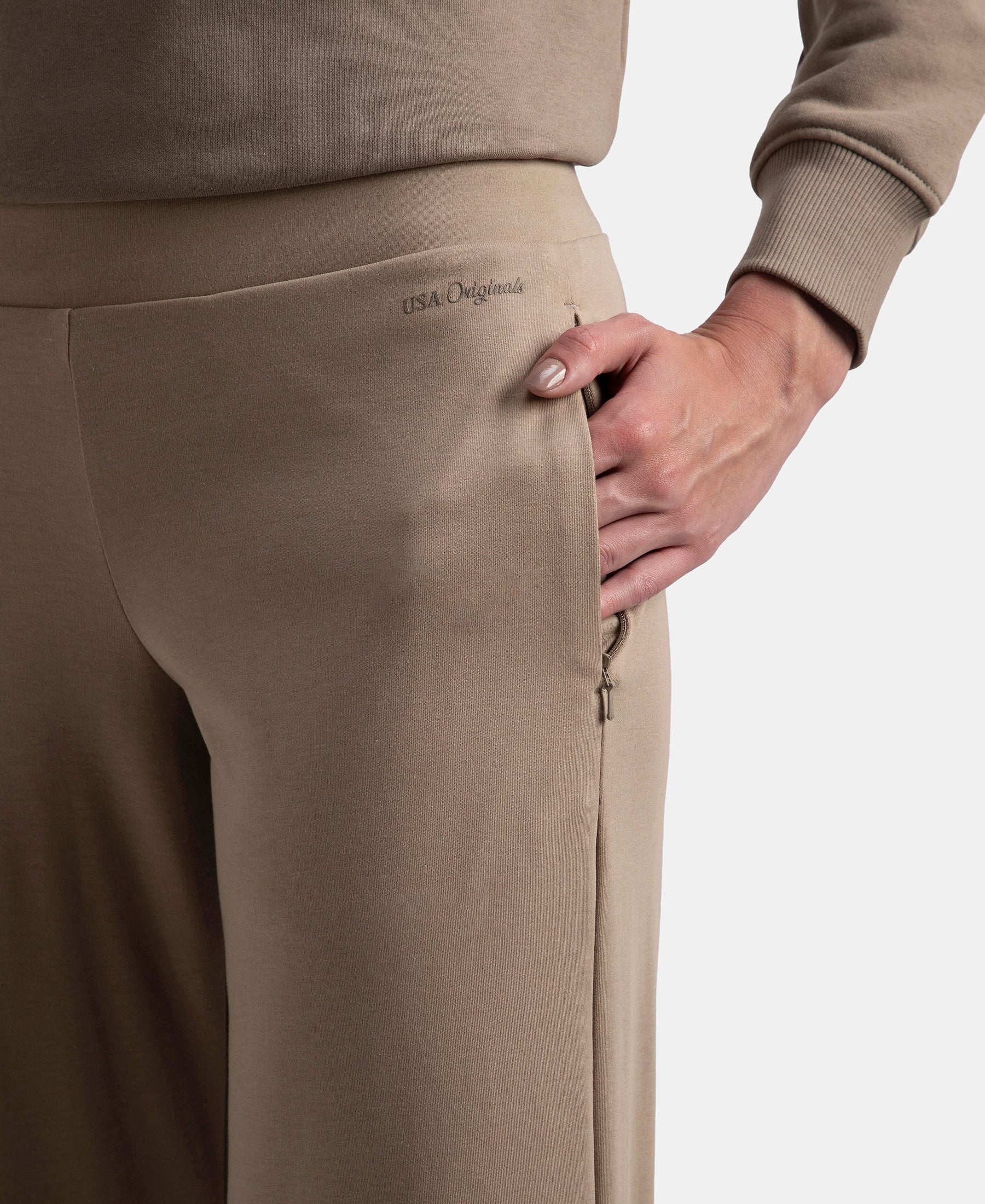 Super Combed Cotton Rich Relaxed Fit Wide Leg Pants with Zipper Pockets - Desert Taupe - Image 7