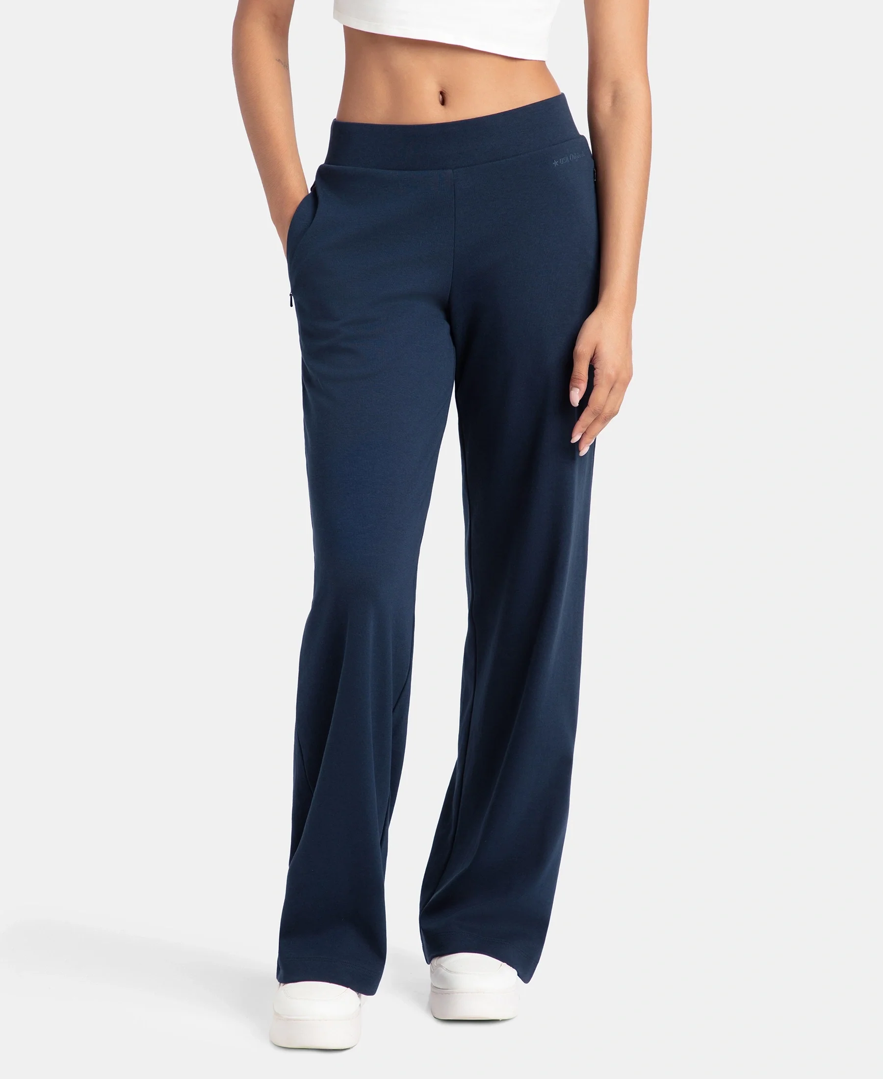 Super Combed Cotton Rich Relaxed Fit Wide Leg Pants with Zipper Pockets - Navy