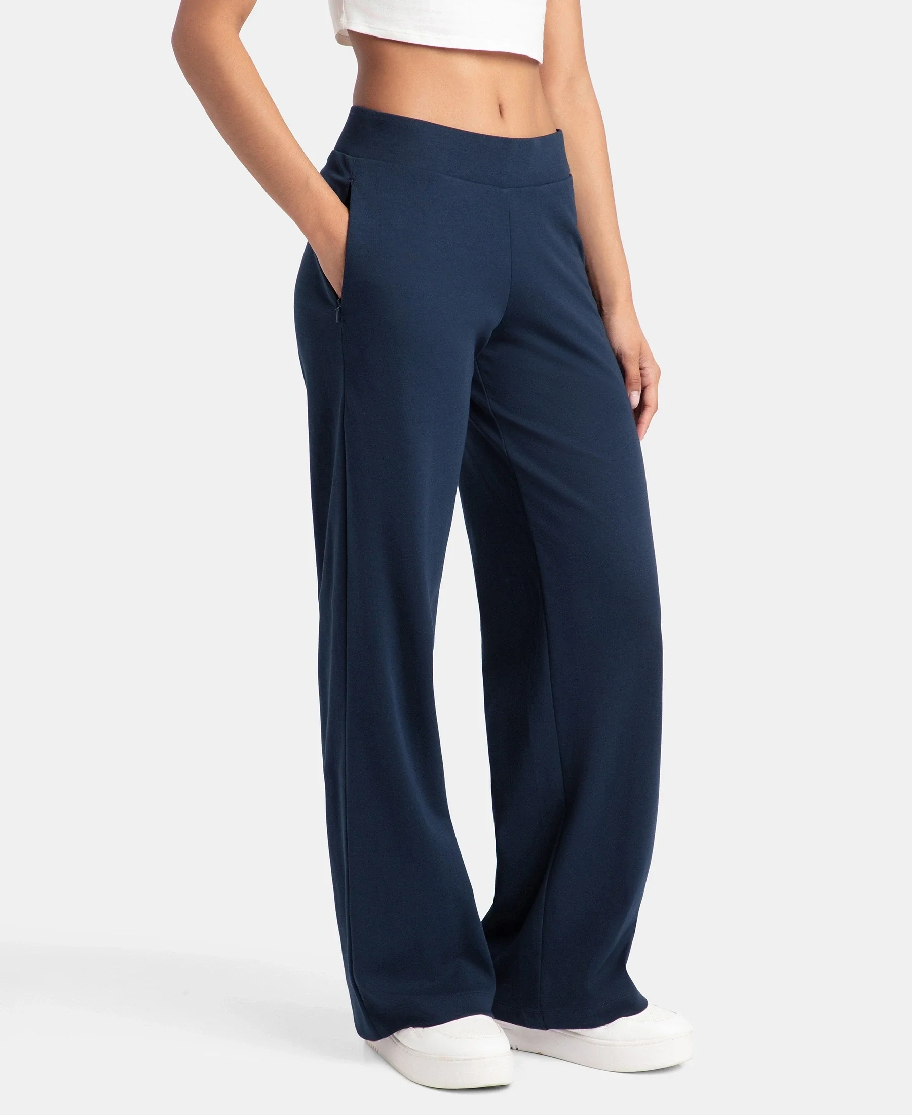 Super Combed Cotton Rich Relaxed Fit Wide Leg Pants with Zipper Pockets - Navy - Image 2