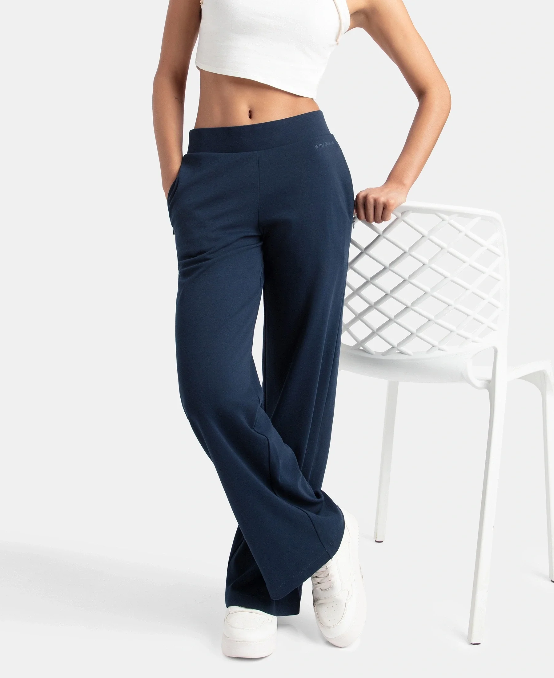 Super Combed Cotton Rich Relaxed Fit Wide Leg Pants with Zipper Pockets - Navy - Image 5