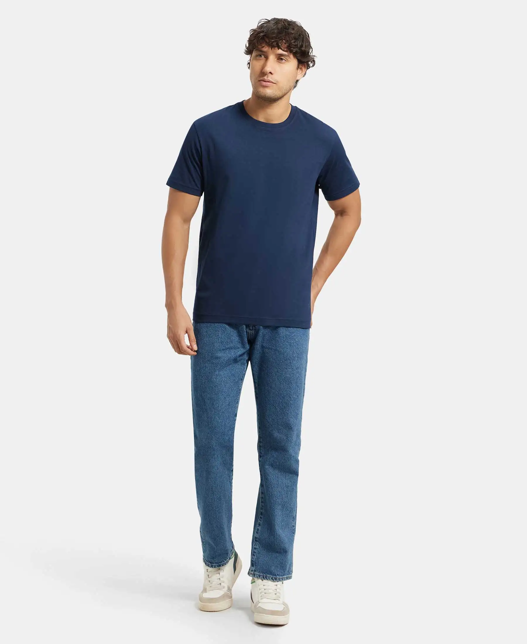 Super Combed Cotton Rich Round Neck Half Sleeve T-Shirt - Navy - Image 4