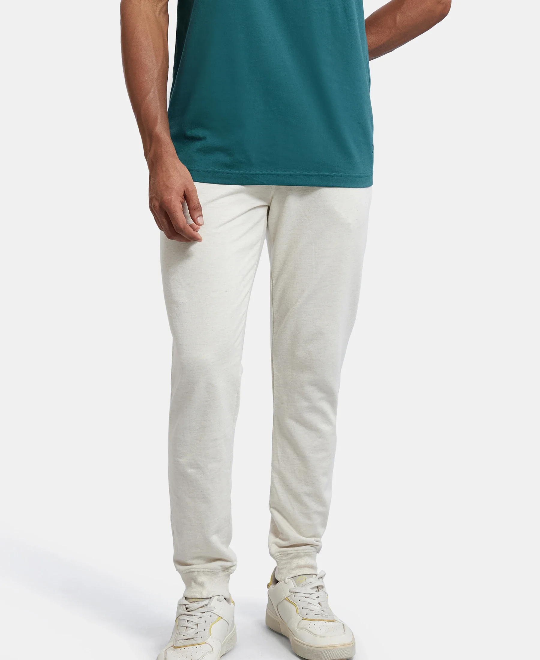Super Combed Cotton Rich Slim Fit Jogger with Side Pockets - Cream Melange - Image 5