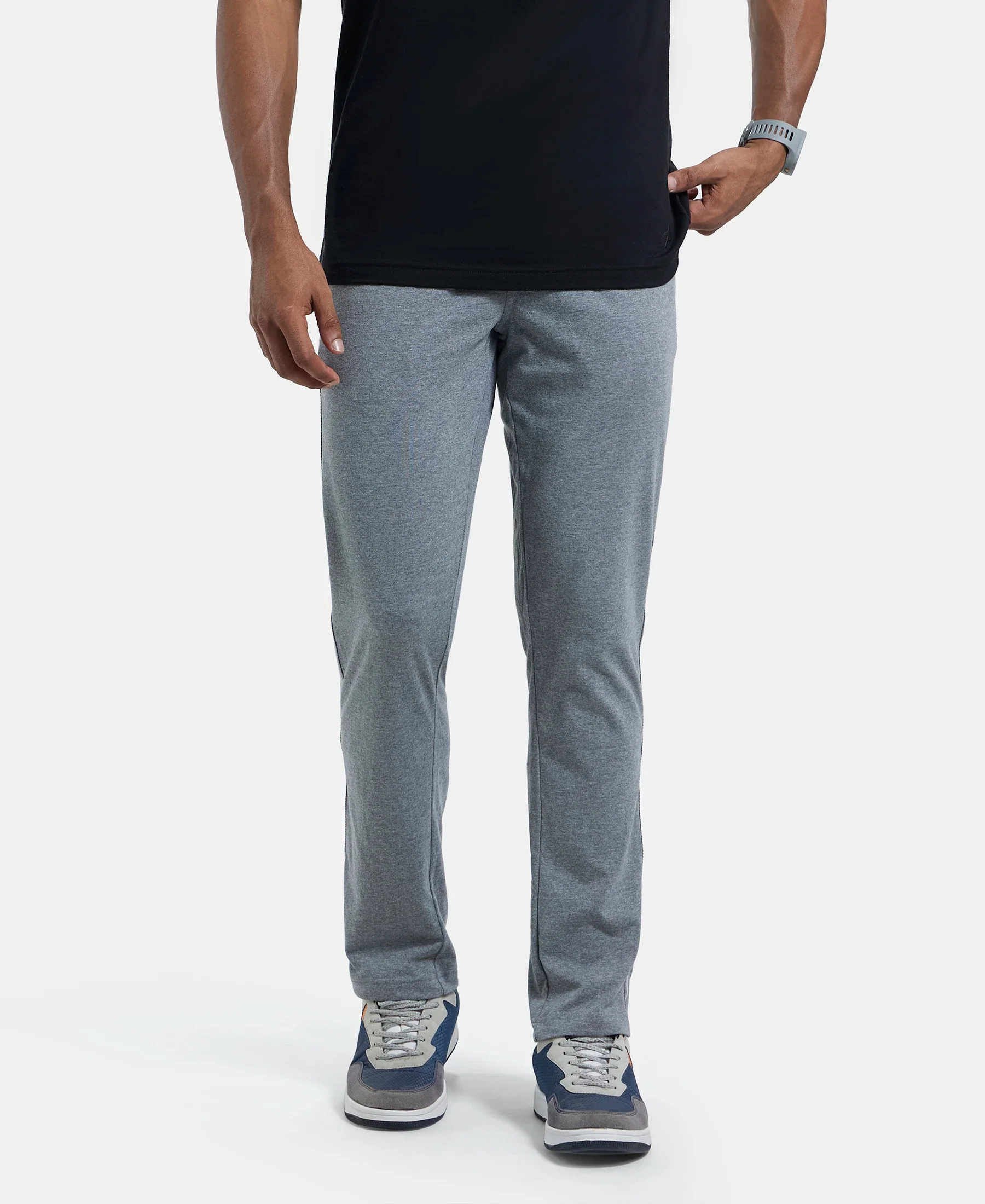 Super Combed Cotton Rich Slim Fit Trackpant with Side and Back Pockets - Grey Melange & Black - Image 5