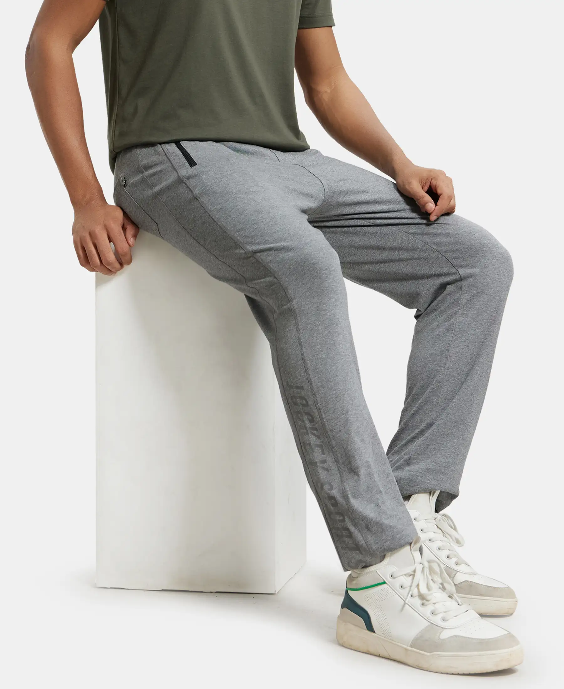 Super Combed Cotton Rich Slim Fit Trackpant with Side Zipper Pockets - Grey Melange & Black - Image 5