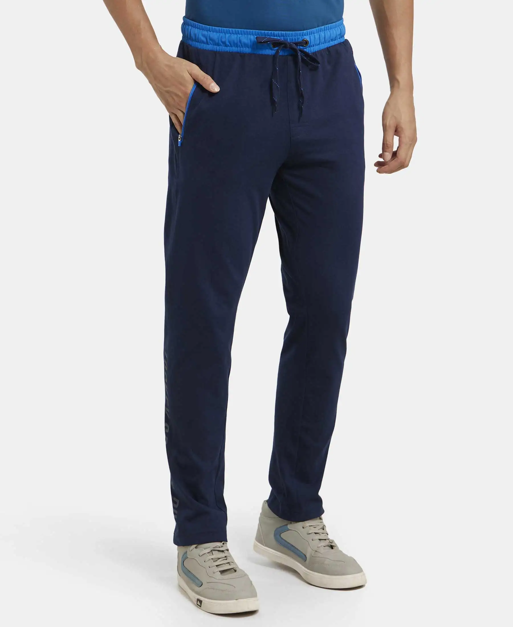 Super Combed Cotton Rich Slim Fit Trackpant with Side Zipper Pockets - Navy & Neon Blue - Image 2
