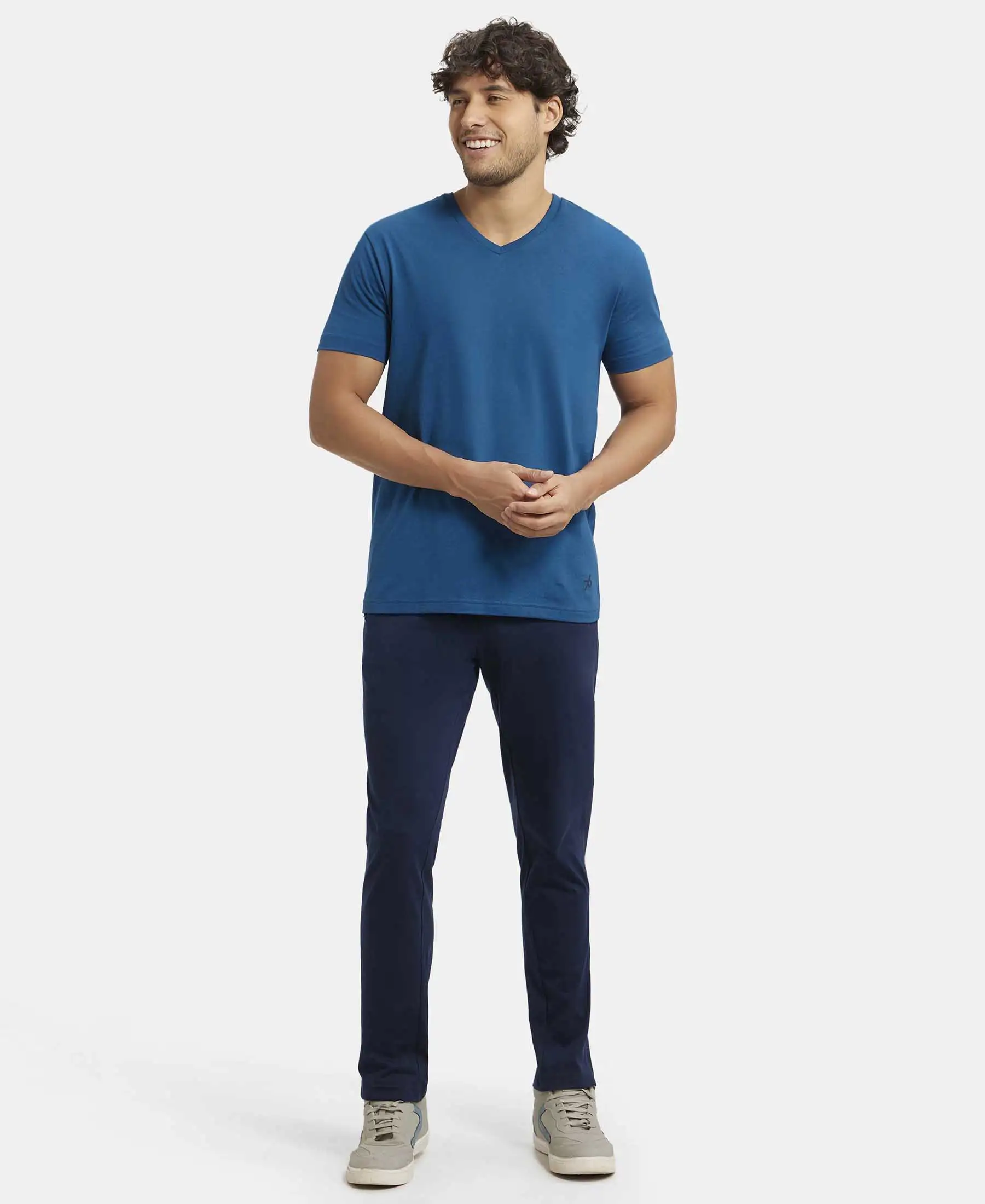 Super Combed Cotton Rich Slim Fit Trackpant with Side Zipper Pockets - Navy & Neon Blue - Image 6