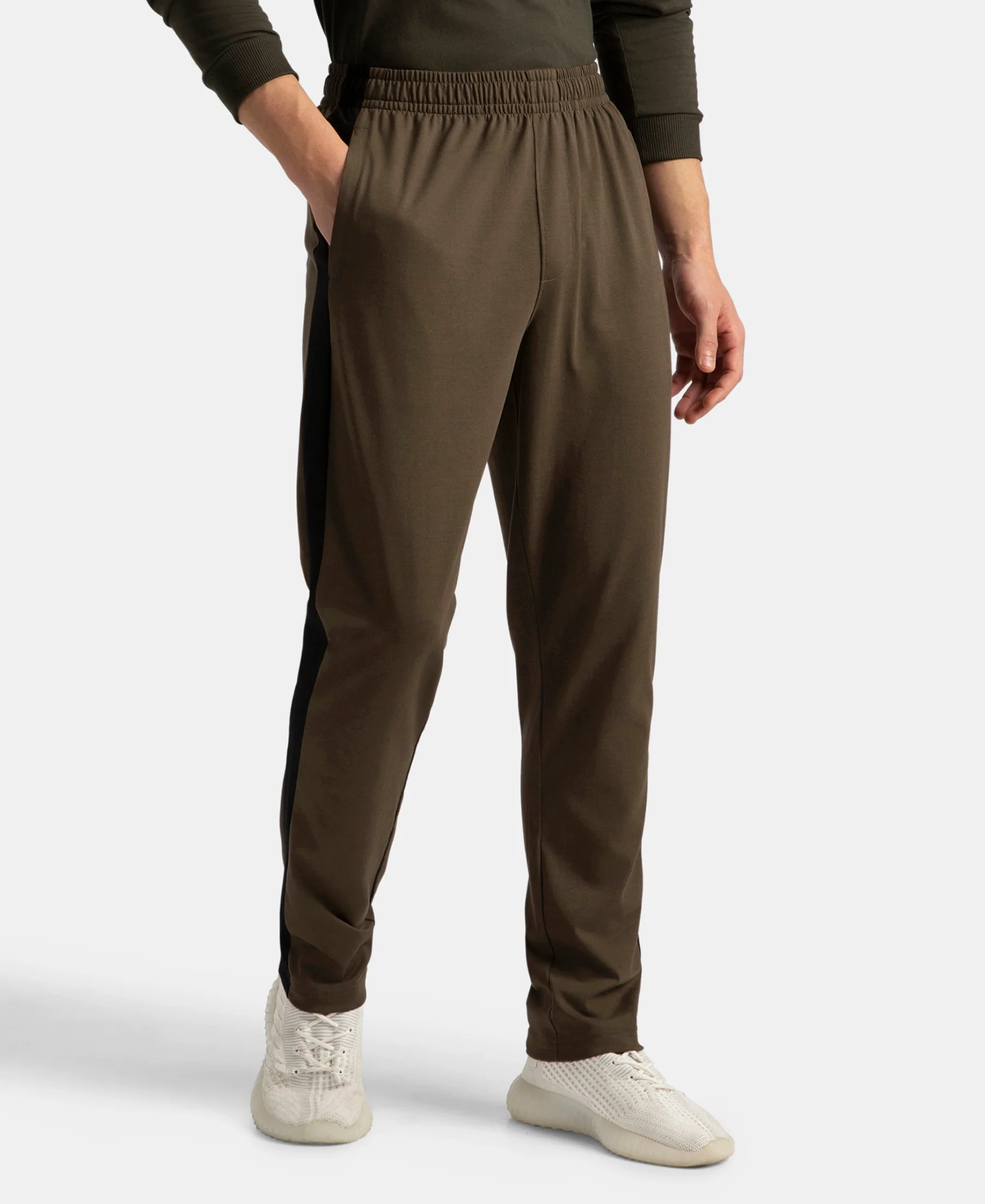 Super Combed Cotton Rich Slim Fit Trackpant with Zipper Media Pocket - Black Olive - Image 2