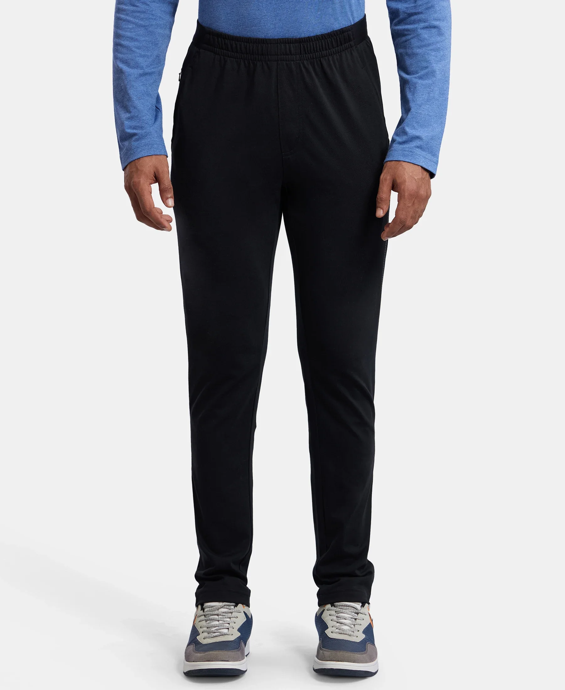 Super Combed Cotton Rich Slim Fit Trackpants with Side and Zipper Media Pockets  - Black