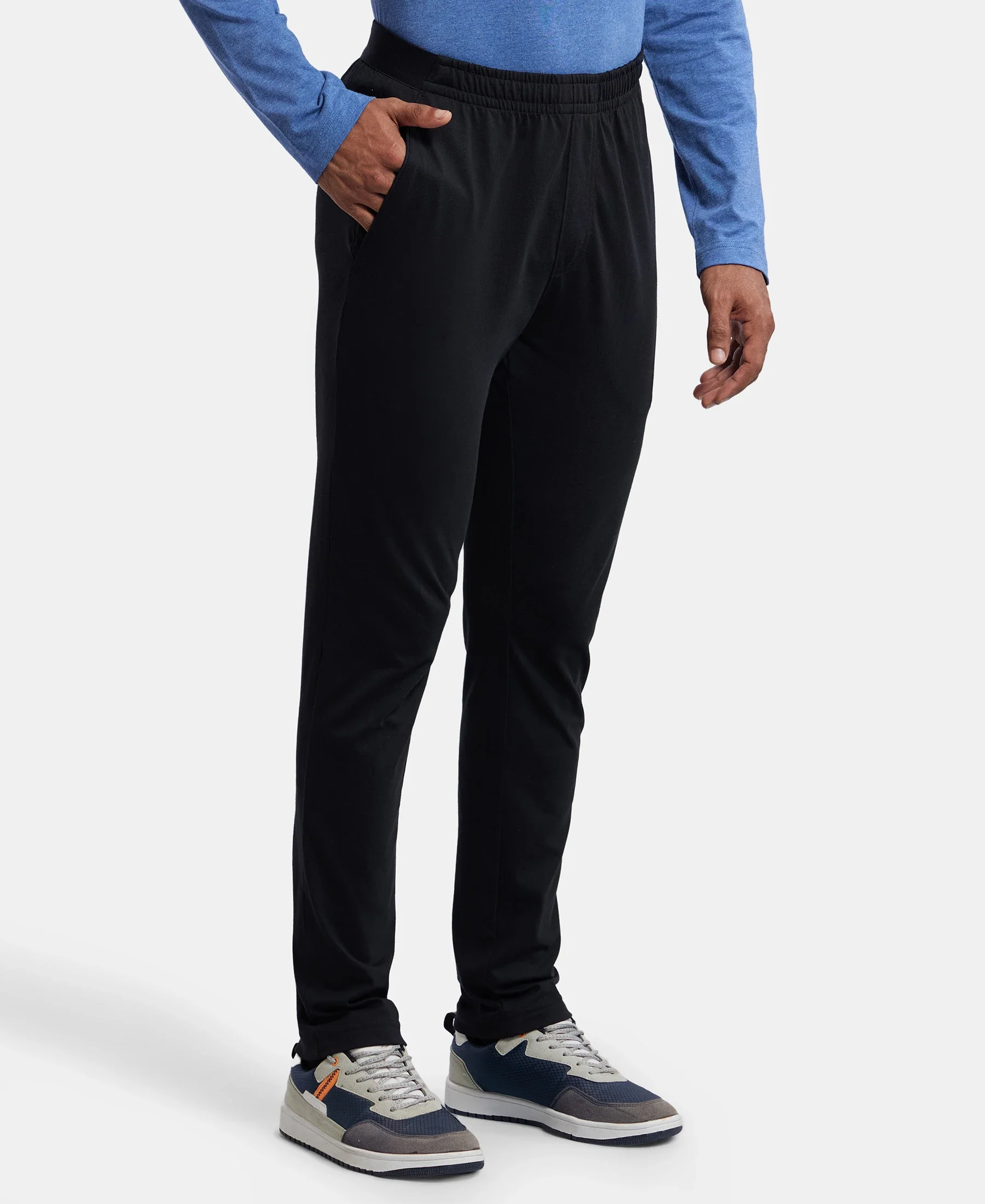 Super Combed Cotton Rich Slim Fit Trackpants with Side and Zipper Media Pockets  - Black - Image 2