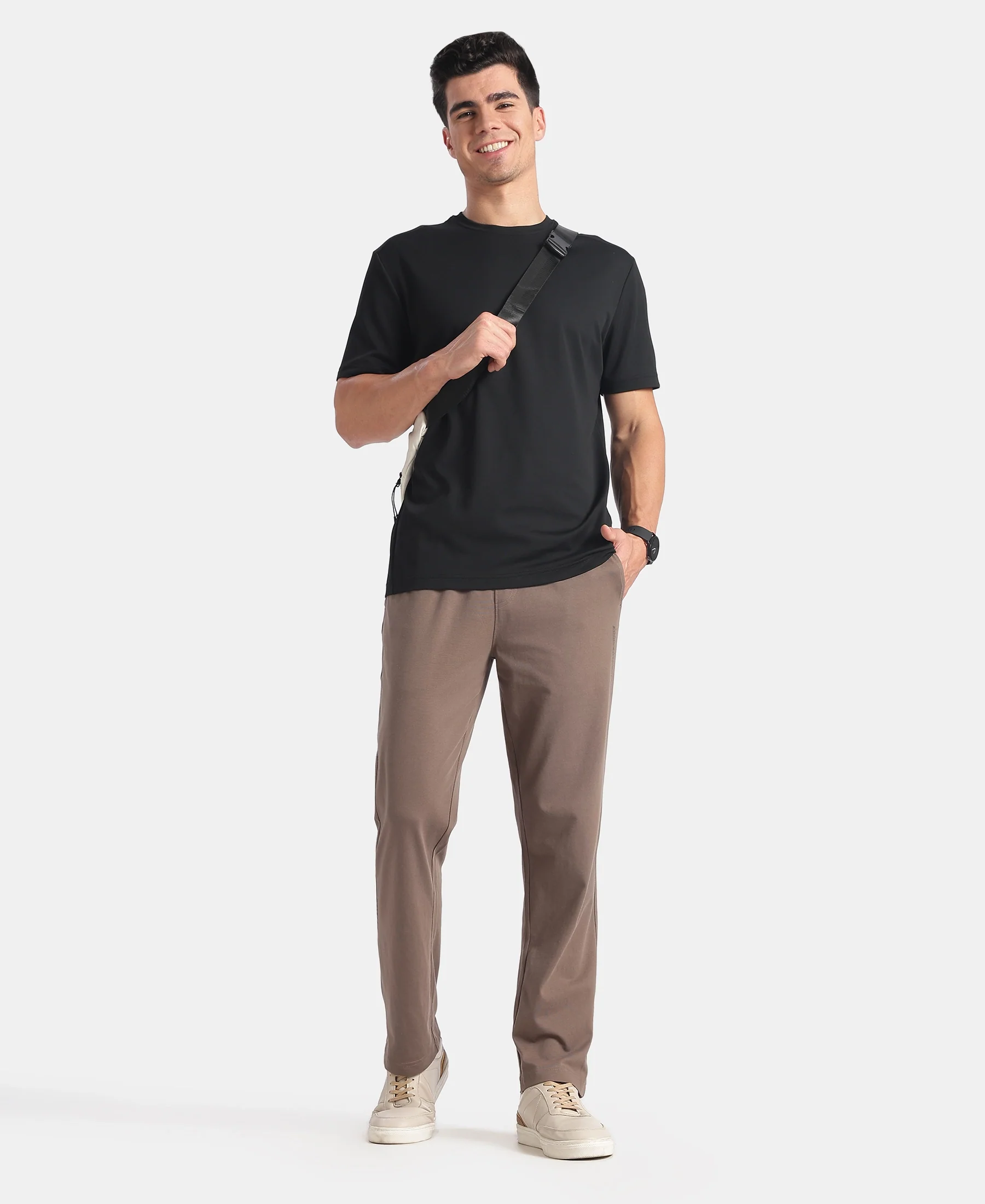 Super Combed Cotton Rich Slim Fit Trackpants with Side and Zipper Media Pockets - Dark Khaki - Image 4
