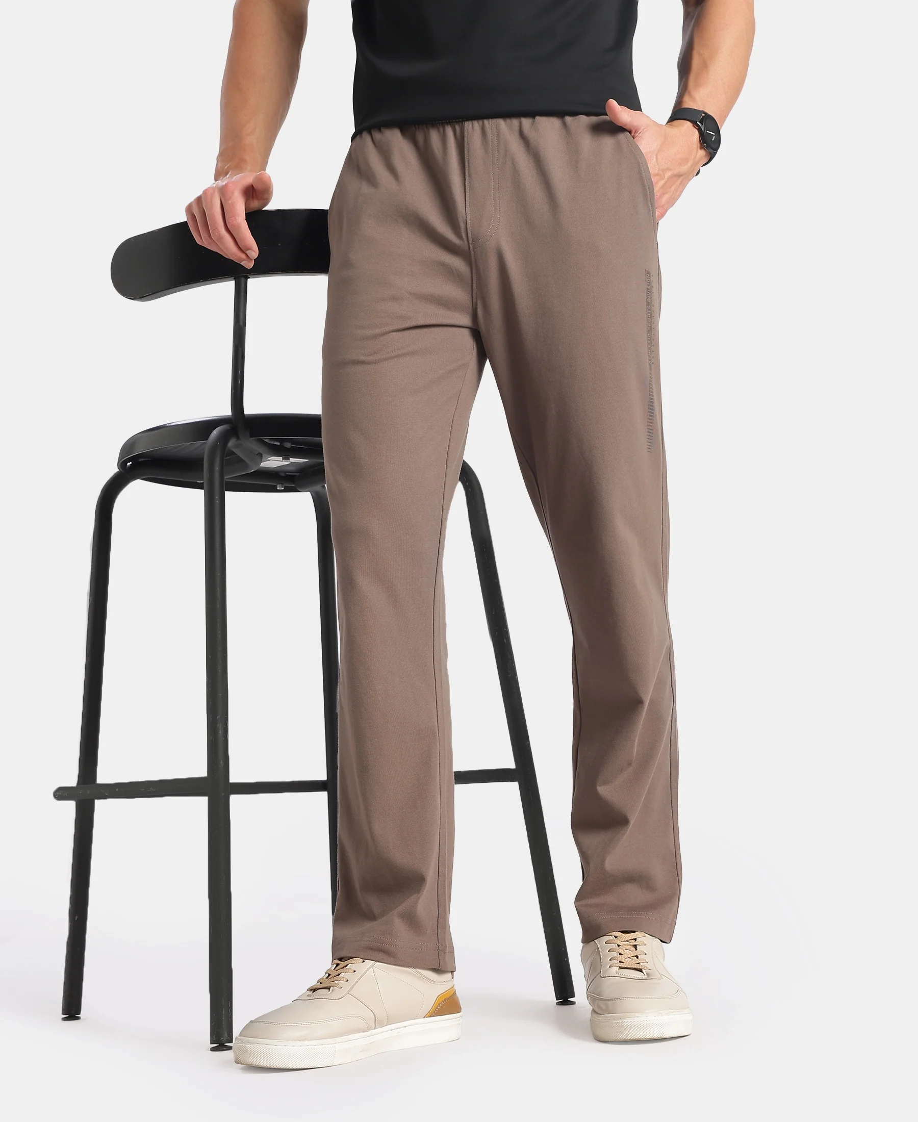 Super Combed Cotton Rich Slim Fit Trackpants with Side and Zipper Media Pockets - Dark Khaki - Image 5