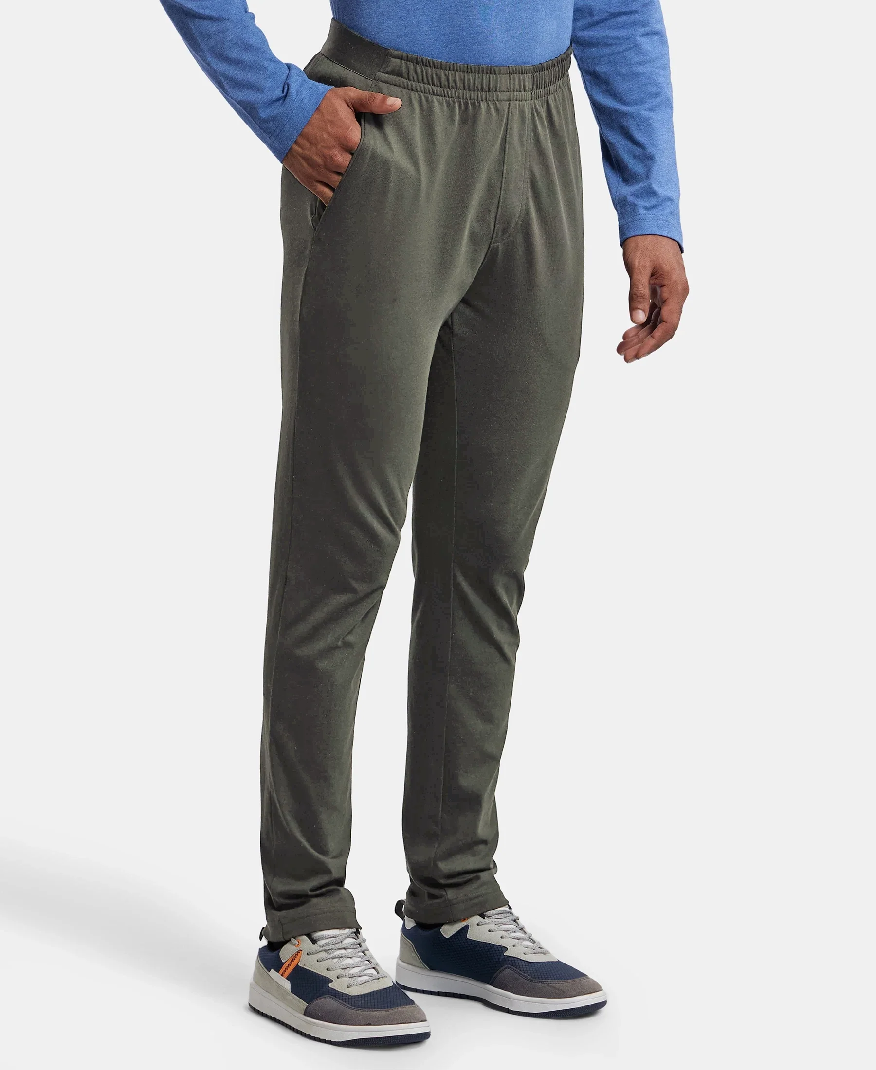Super Combed Cotton Rich Slim Fit Trackpants with Side and Zipper Media Pockets - Deep Olive - Image 2