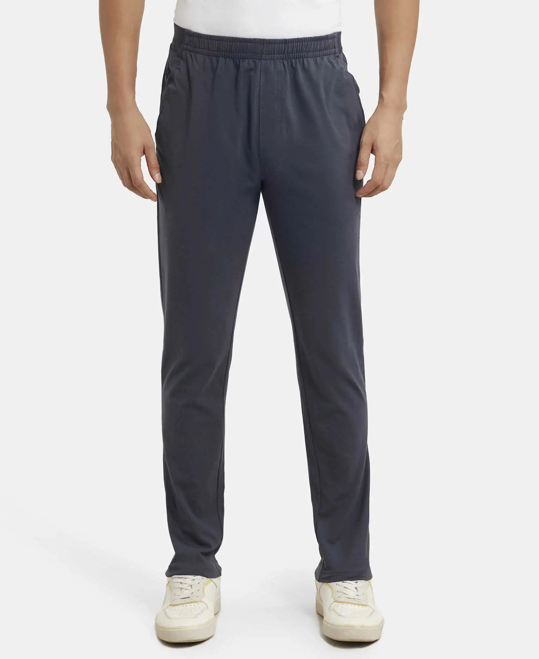 Super Combed Cotton Rich Slim Fit Trackpants with Side and Zipper Media Pockets - Graphite