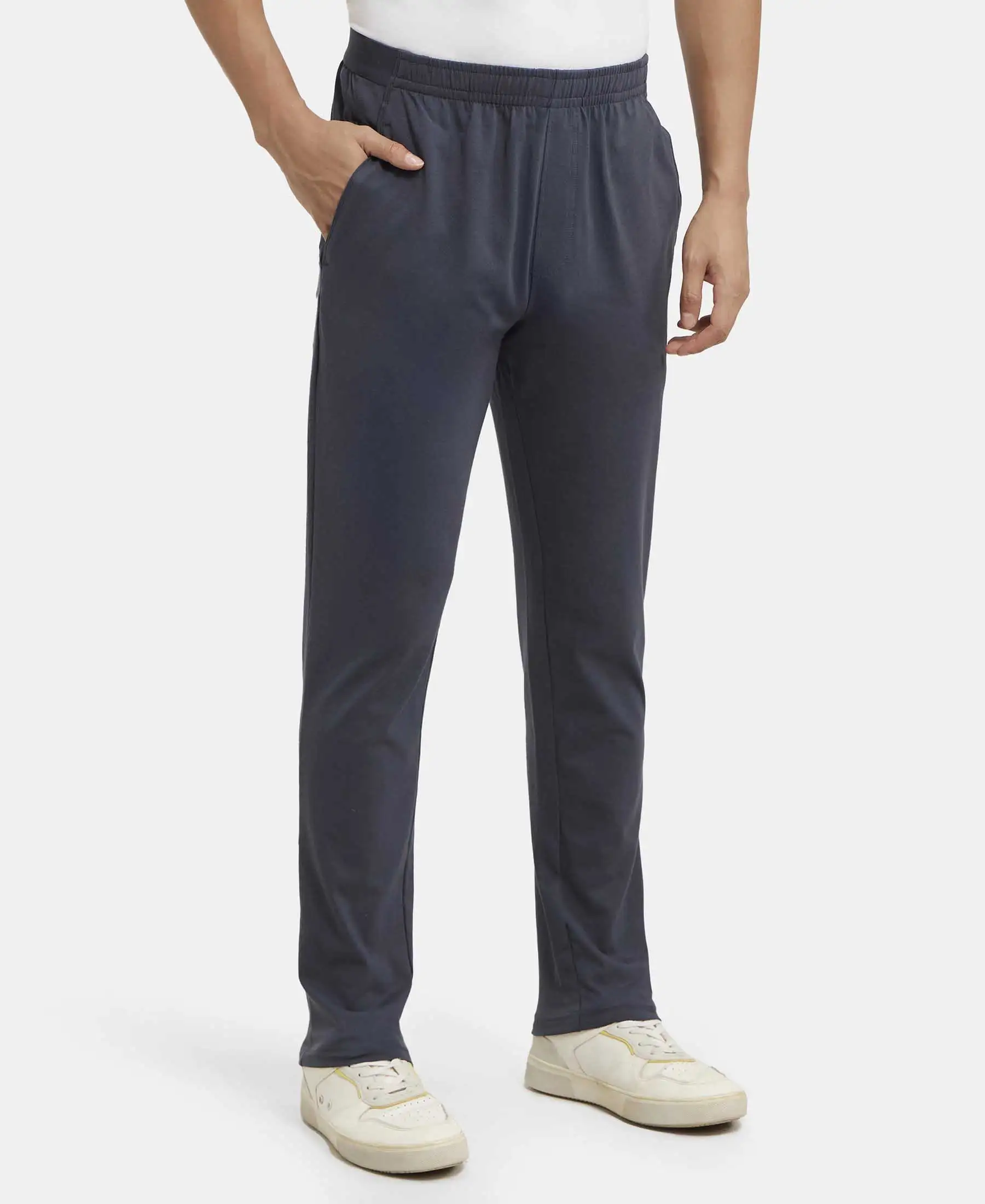 Super Combed Cotton Rich Slim Fit Trackpants with Side and Zipper Media Pockets - Graphite - Image 2