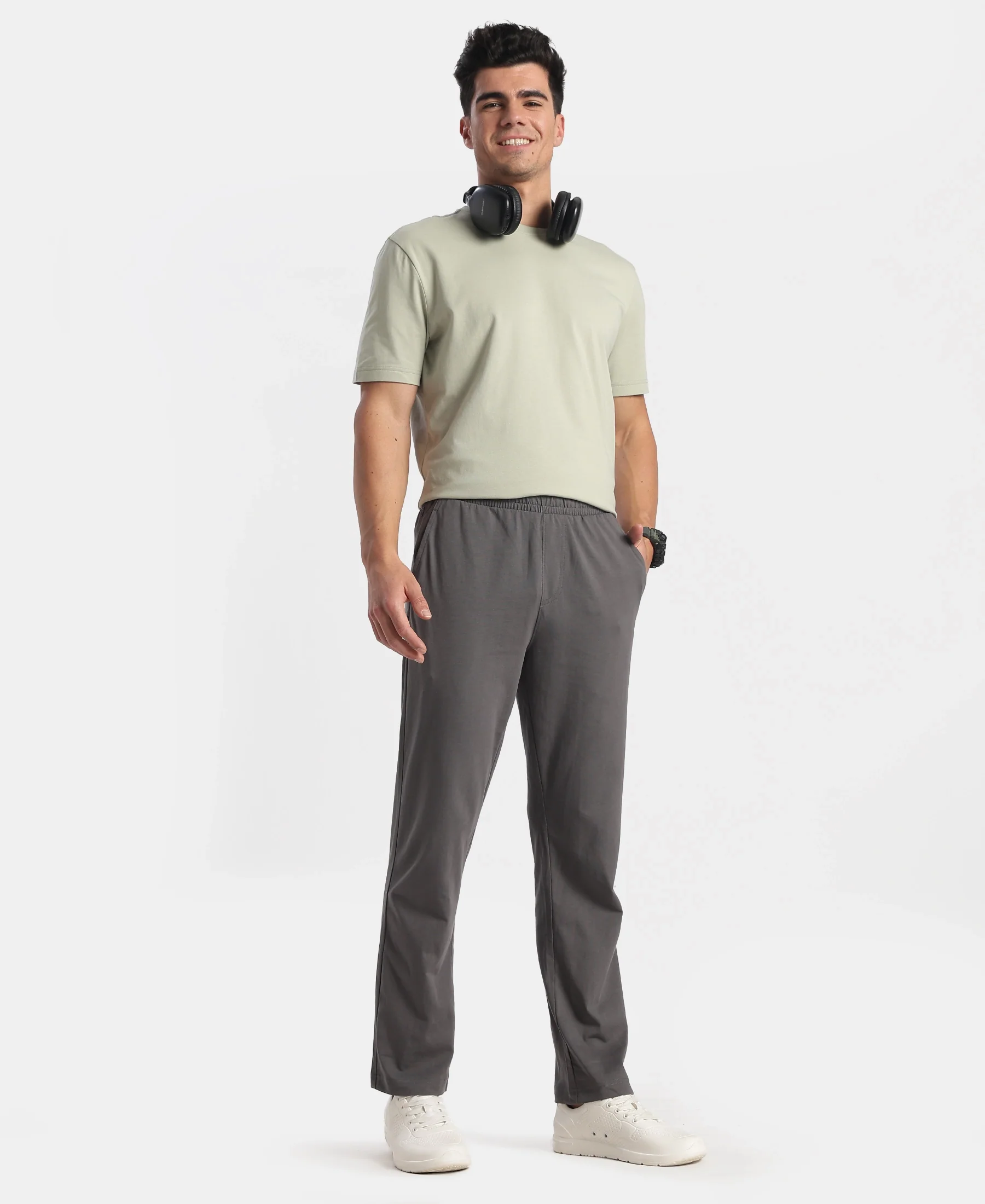 Super Combed Cotton Rich Slim Fit Trackpants with Side and Zipper Media Pockets - Magnet - Image 4
