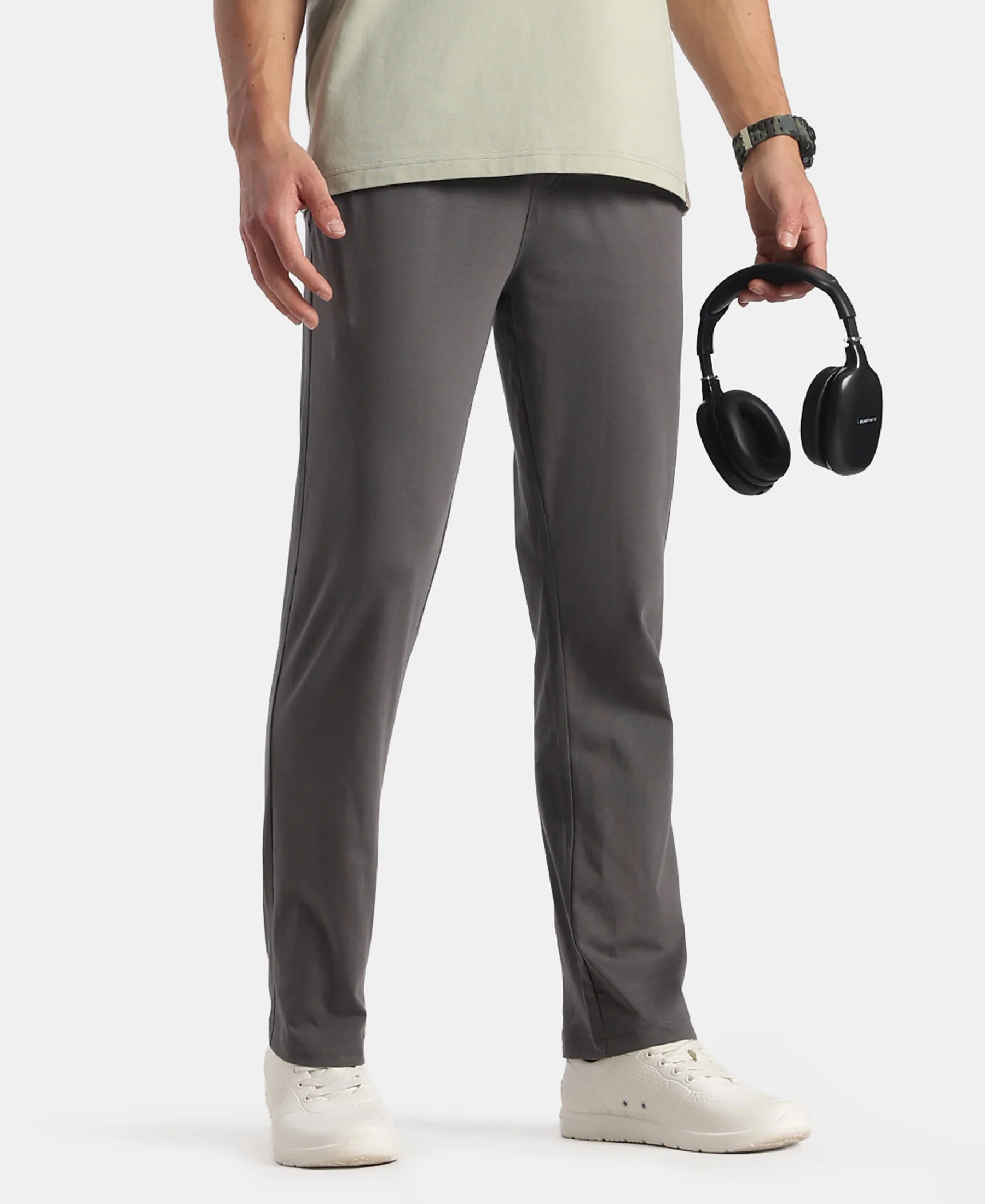 Super Combed Cotton Rich Slim Fit Trackpants with Side and Zipper Media Pockets - Magnet - Image 5