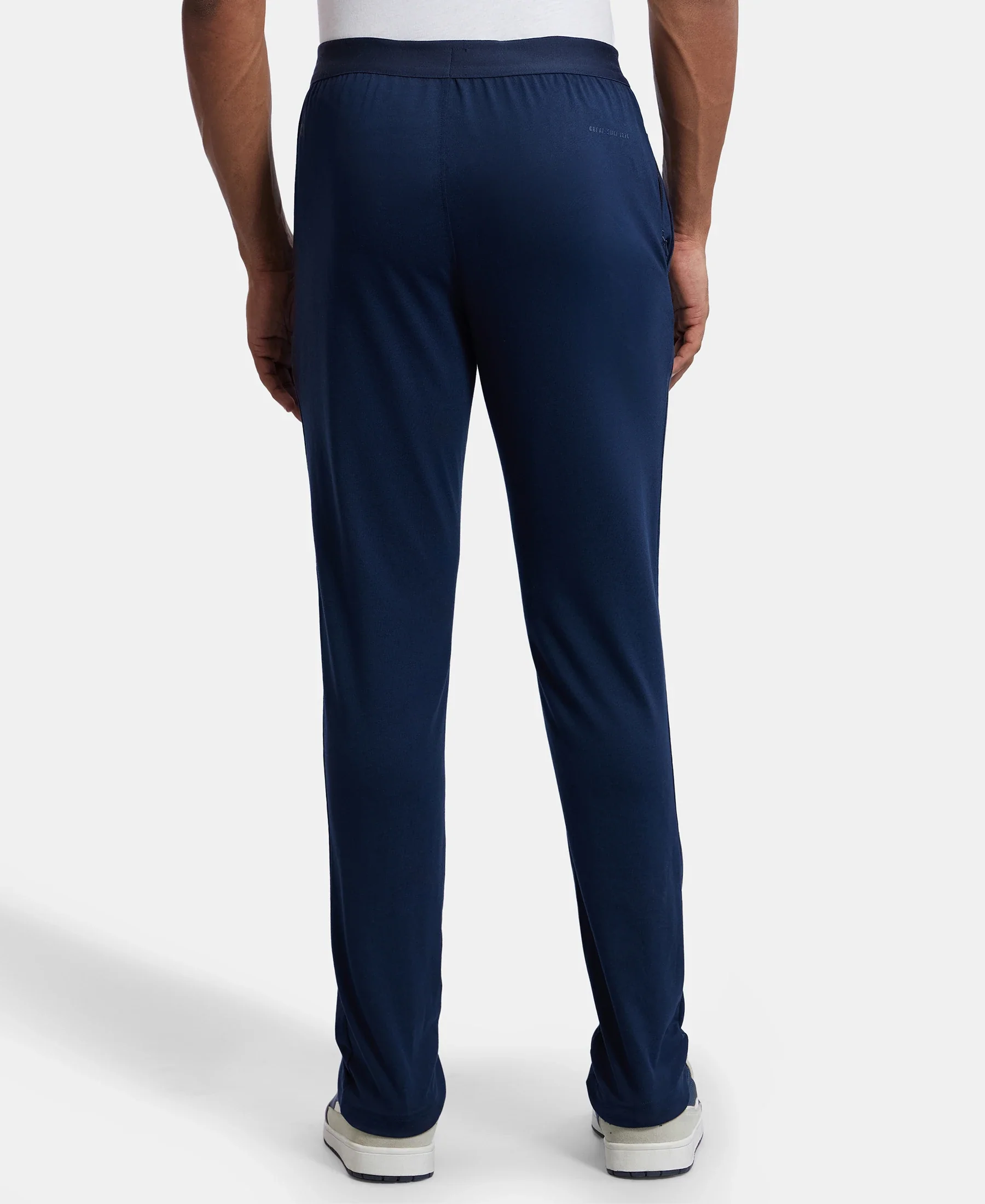 Super Combed Cotton Rich Slim Fit Trackpants with Side and Zipper Media Pockets  - Navy - Image 3