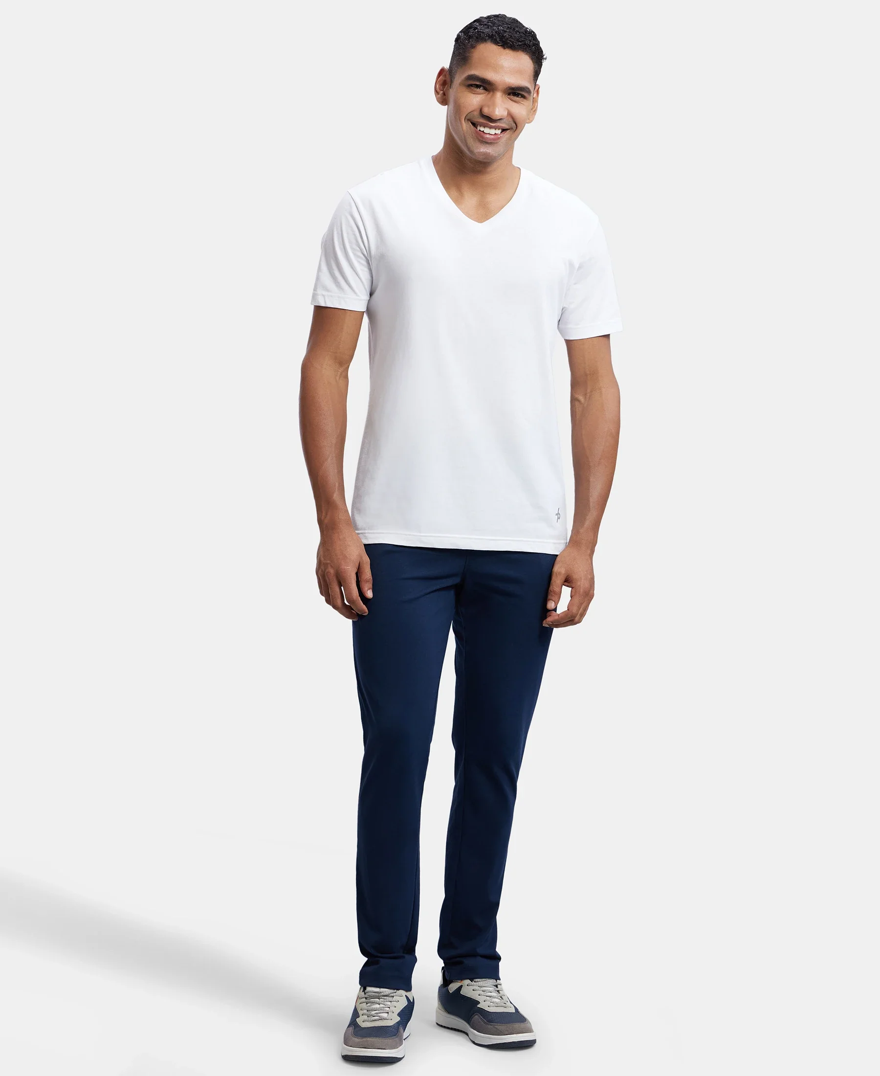 Super Combed Cotton Rich Slim Fit Trackpants with Side and Zipper Media Pockets  - Navy - Image 4