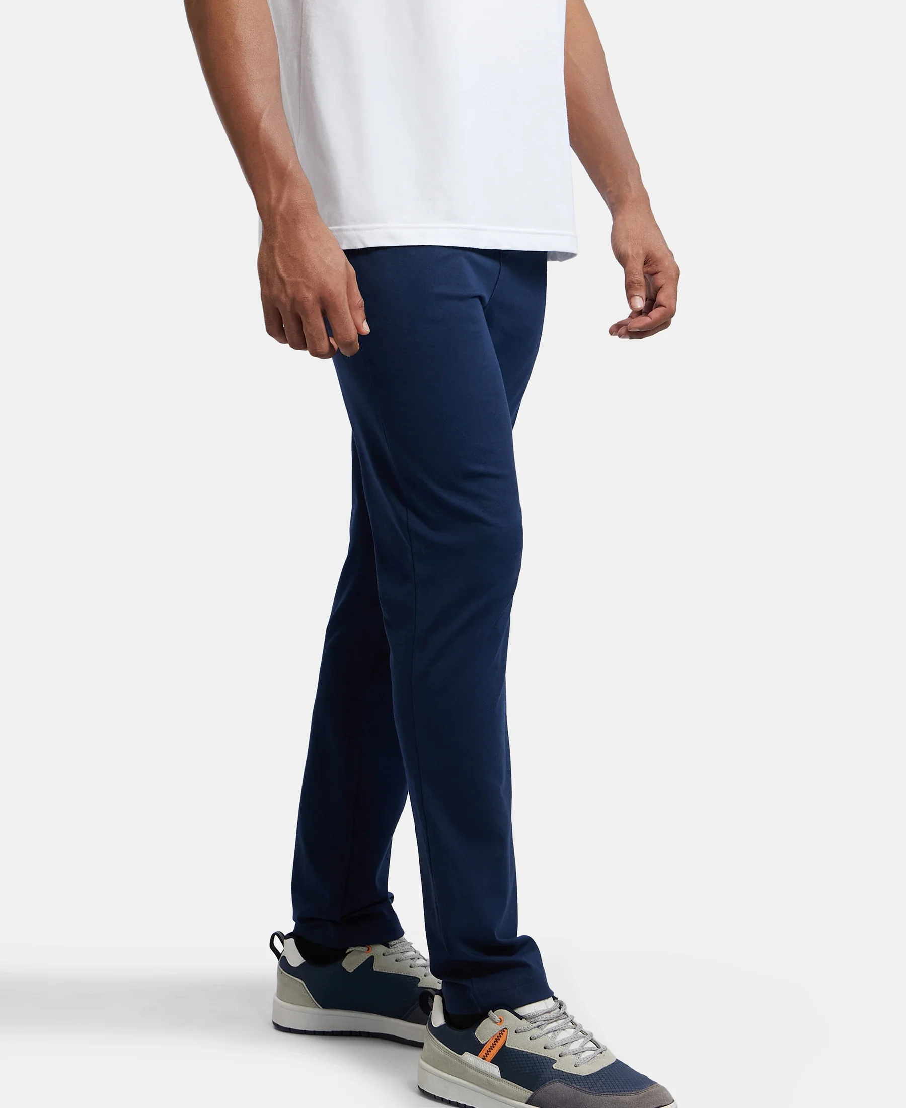 Super Combed Cotton Rich Slim Fit Trackpants with Side and Zipper Media Pockets  - Navy - Image 5