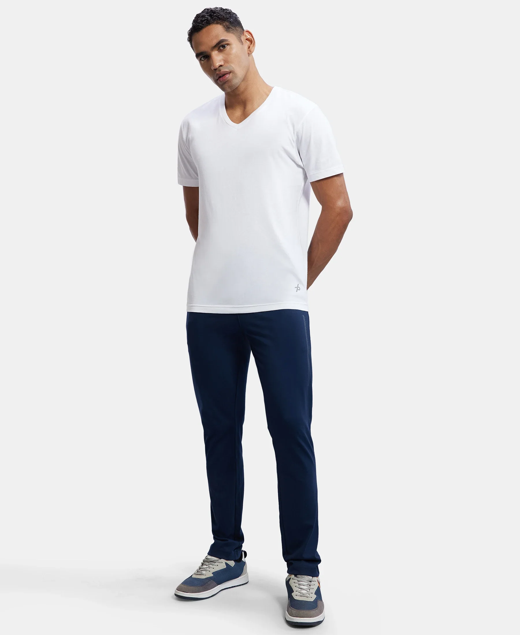 Super Combed Cotton Rich Slim Fit Trackpants with Side and Zipper Media Pockets  - Navy - Image 6