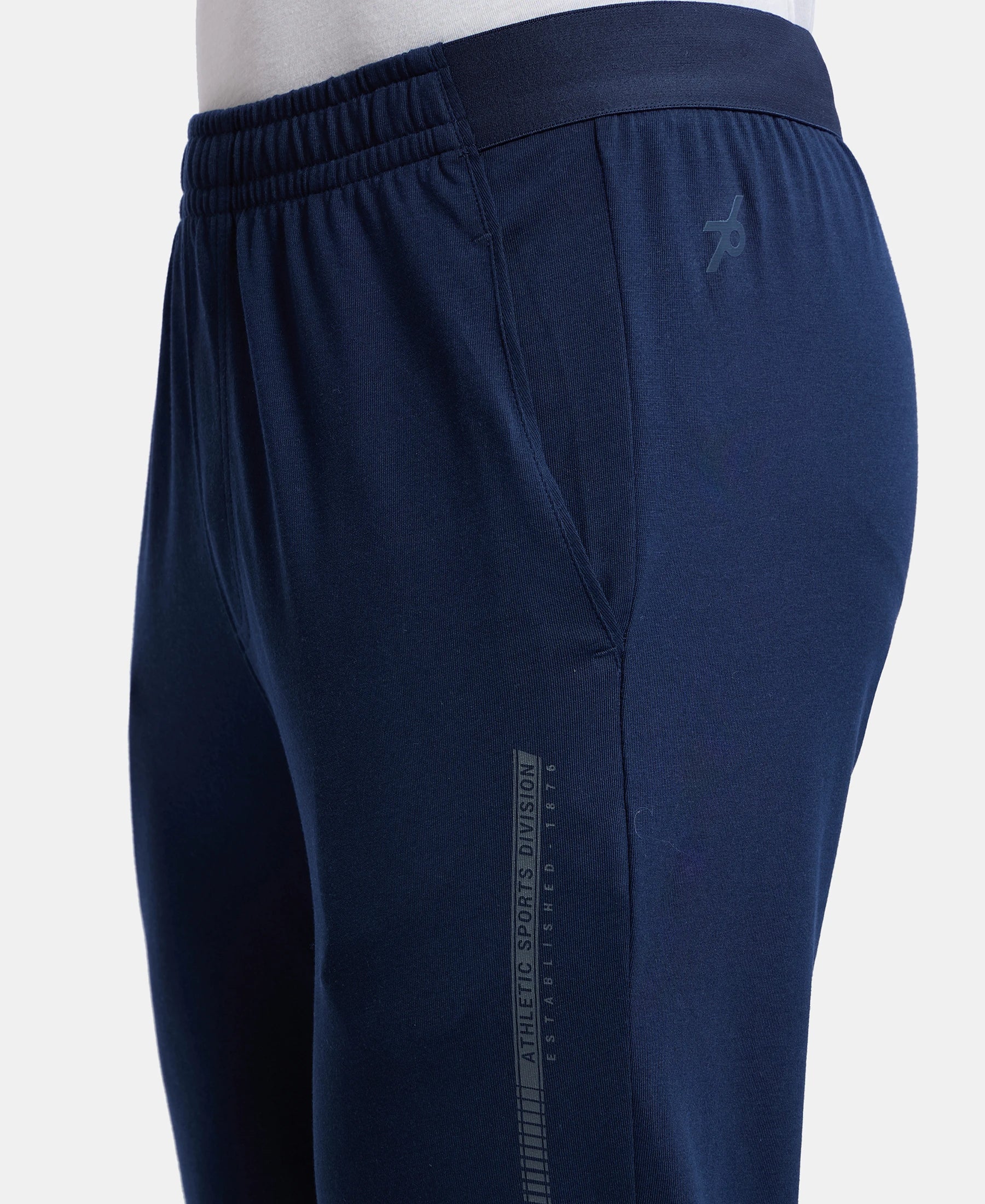 Super Combed Cotton Rich Slim Fit Trackpants with Side and Zipper Media Pockets  - Navy - Image 7