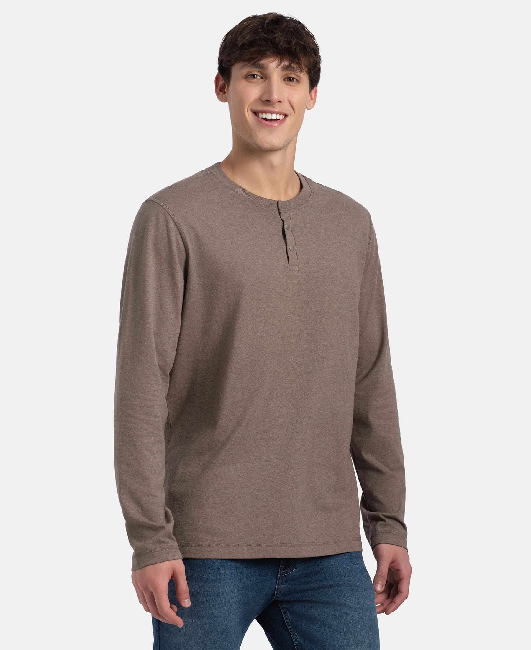 Super Combed Cotton Rich Solid Full Sleeve Henley T-Shirt - Dark Khaki Melange - Image 2