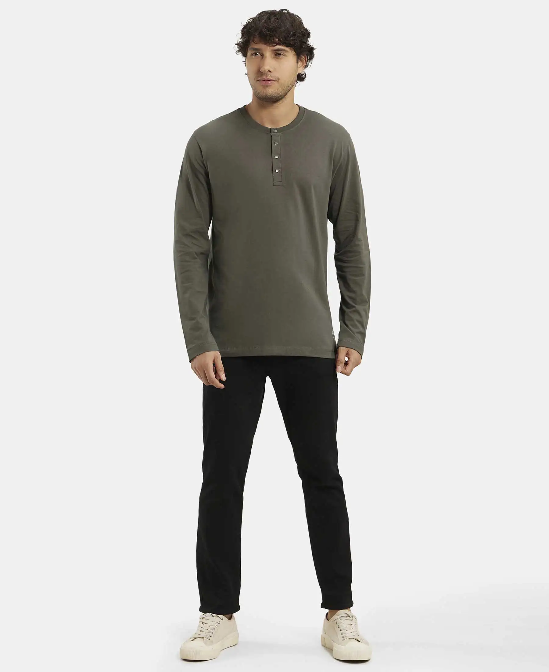 Super Combed Cotton Rich Solid Full Sleeve Henley T-Shirt - Deep Olive - Image 6
