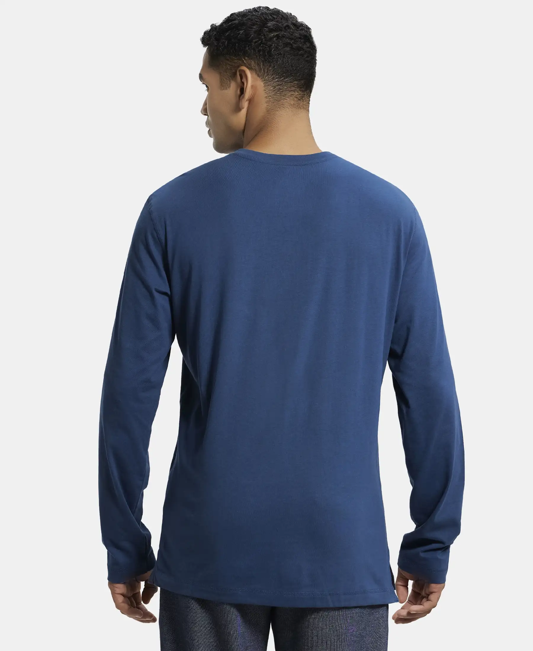 Super Combed Cotton Rich Solid Full Sleeve Henley T-Shirt - Insignia Blue - Image 3