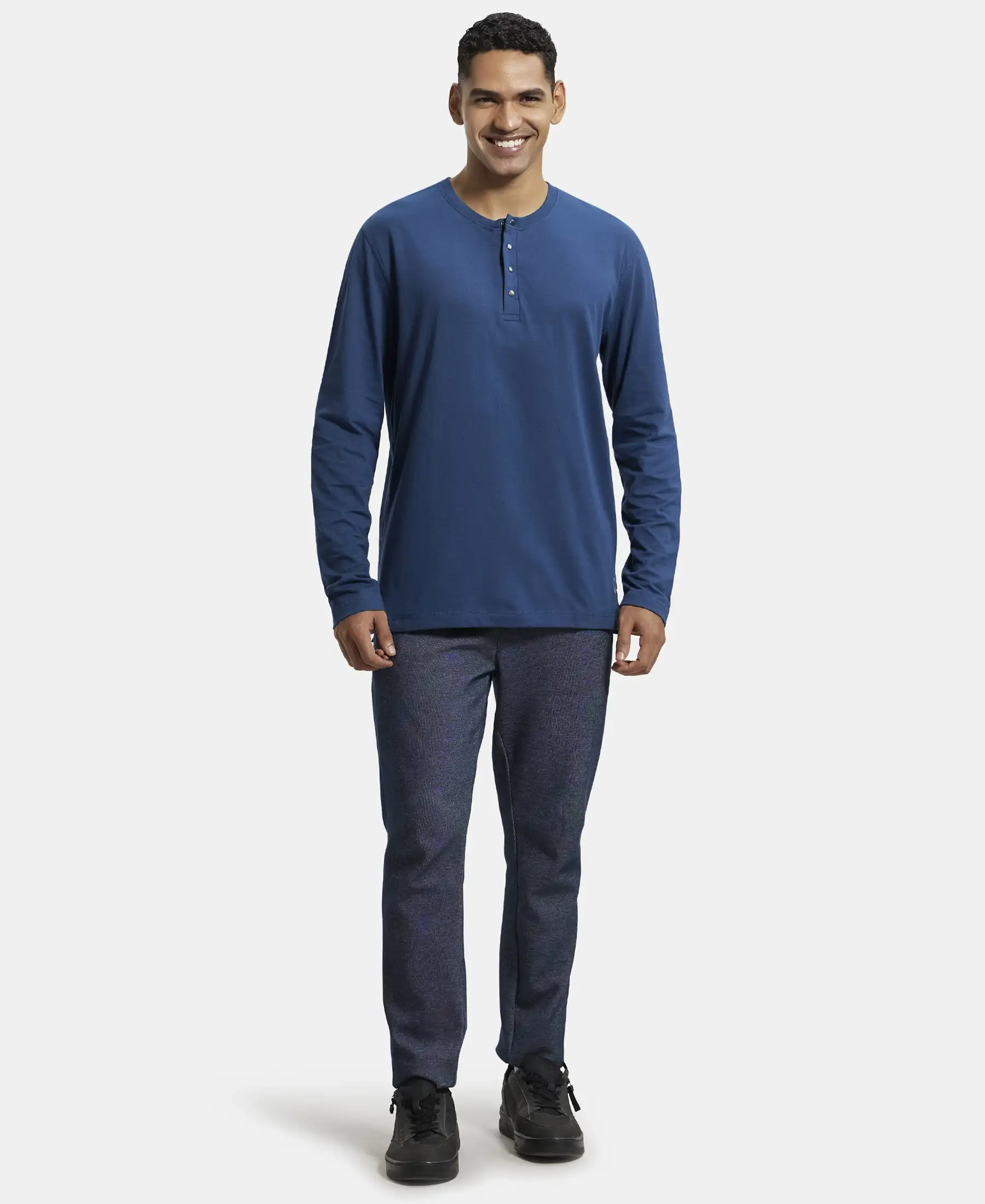 Super Combed Cotton Rich Solid Full Sleeve Henley T-Shirt - Insignia Blue - Image 4