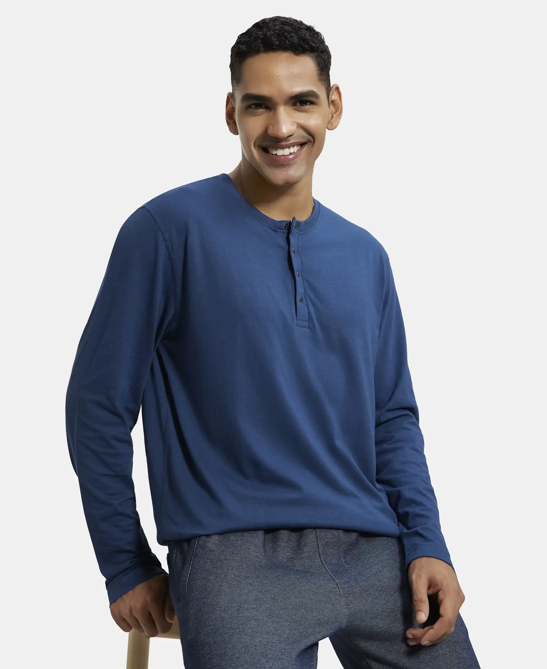 Super Combed Cotton Rich Solid Full Sleeve Henley T-Shirt - Insignia Blue - Image 5