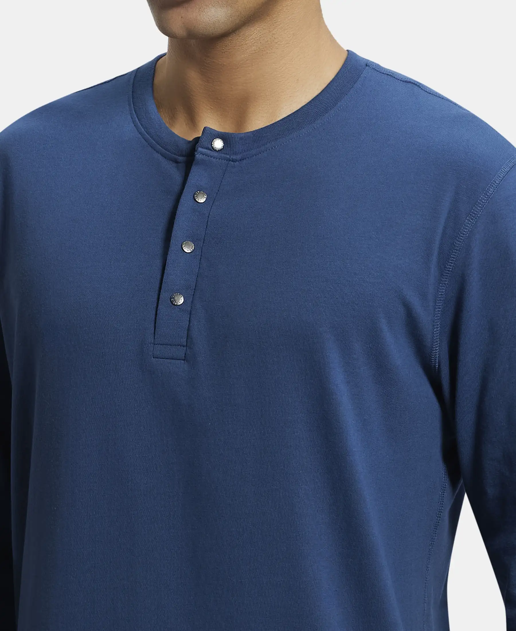 Super Combed Cotton Rich Solid Full Sleeve Henley T-Shirt - Insignia Blue - Image 6