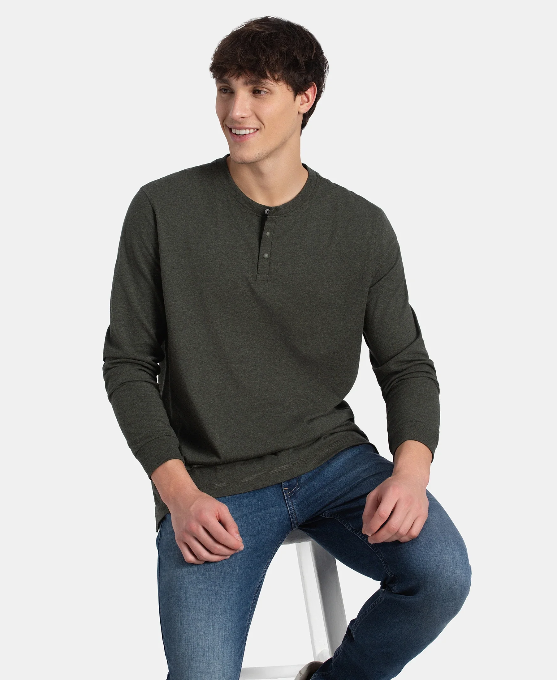 Super Combed Cotton Rich Solid Full Sleeve Henley T-Shirt - Olive Melange - Image 5