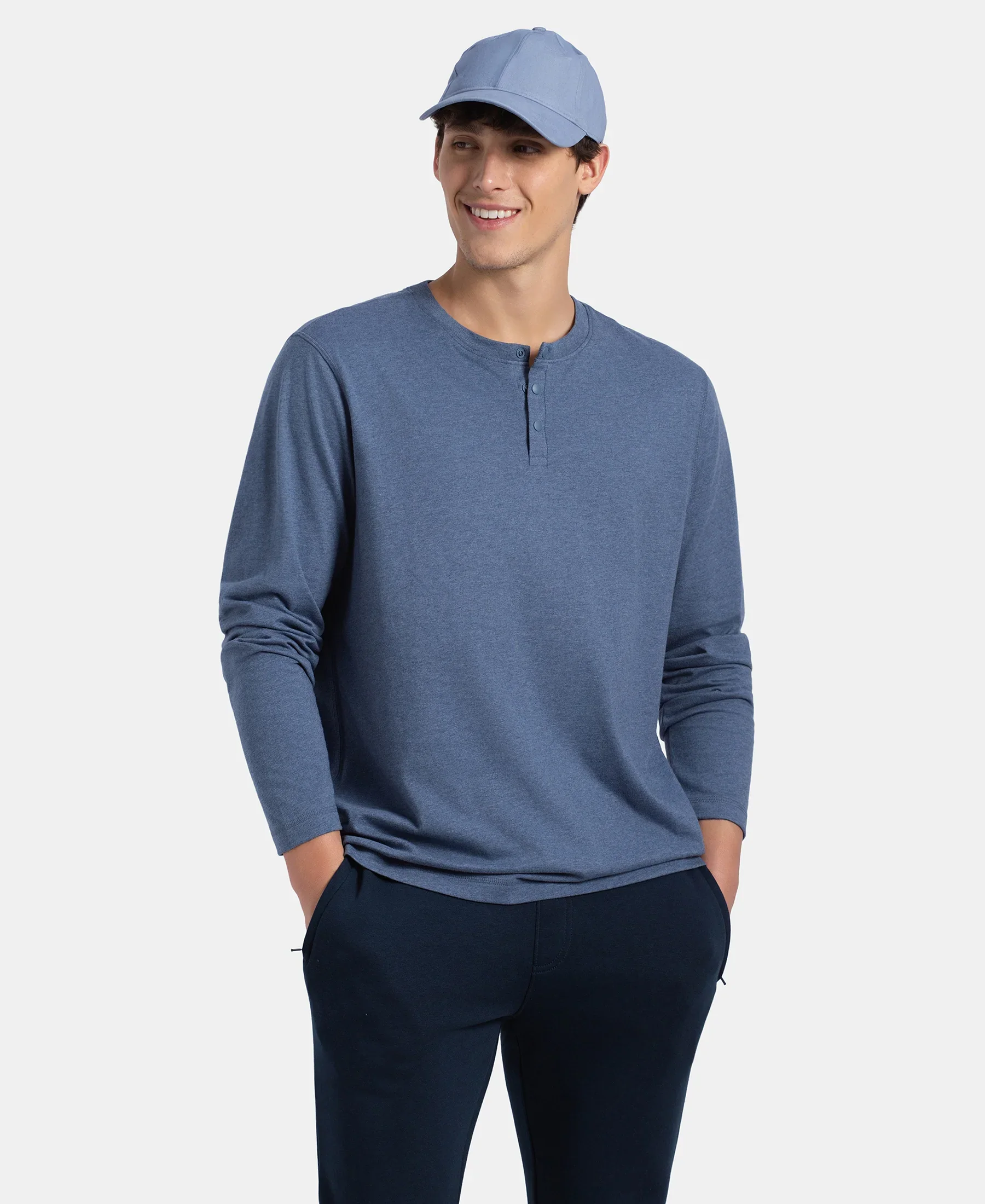 Super Combed Cotton Rich Solid Full Sleeve Henley T-Shirt - Vintage Indigo Melange - Image 5