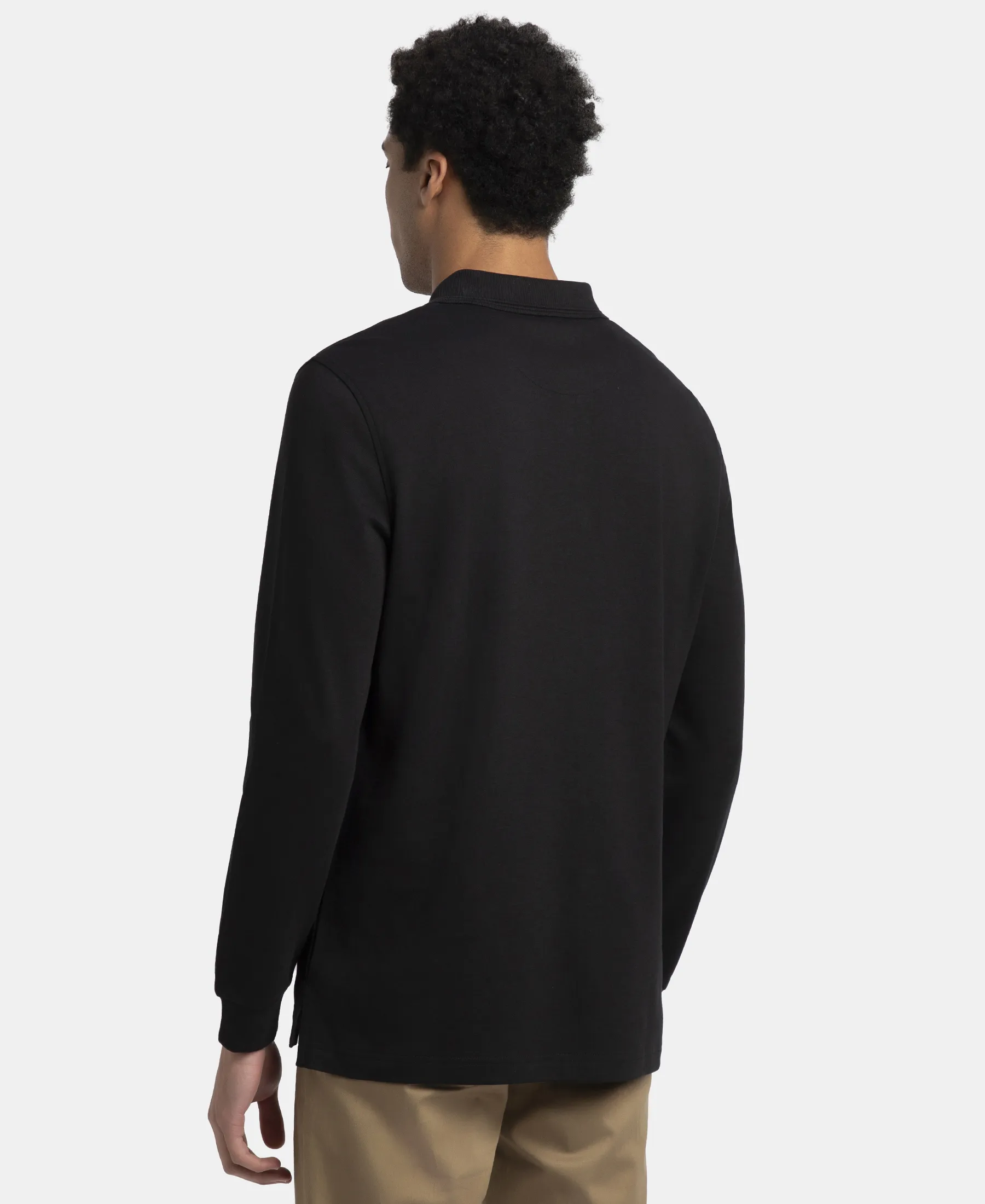 Super Combed Cotton Rich Solid Full Sleeve Polo T-Shirt with Ribbed Cuffs - Black - Image 3