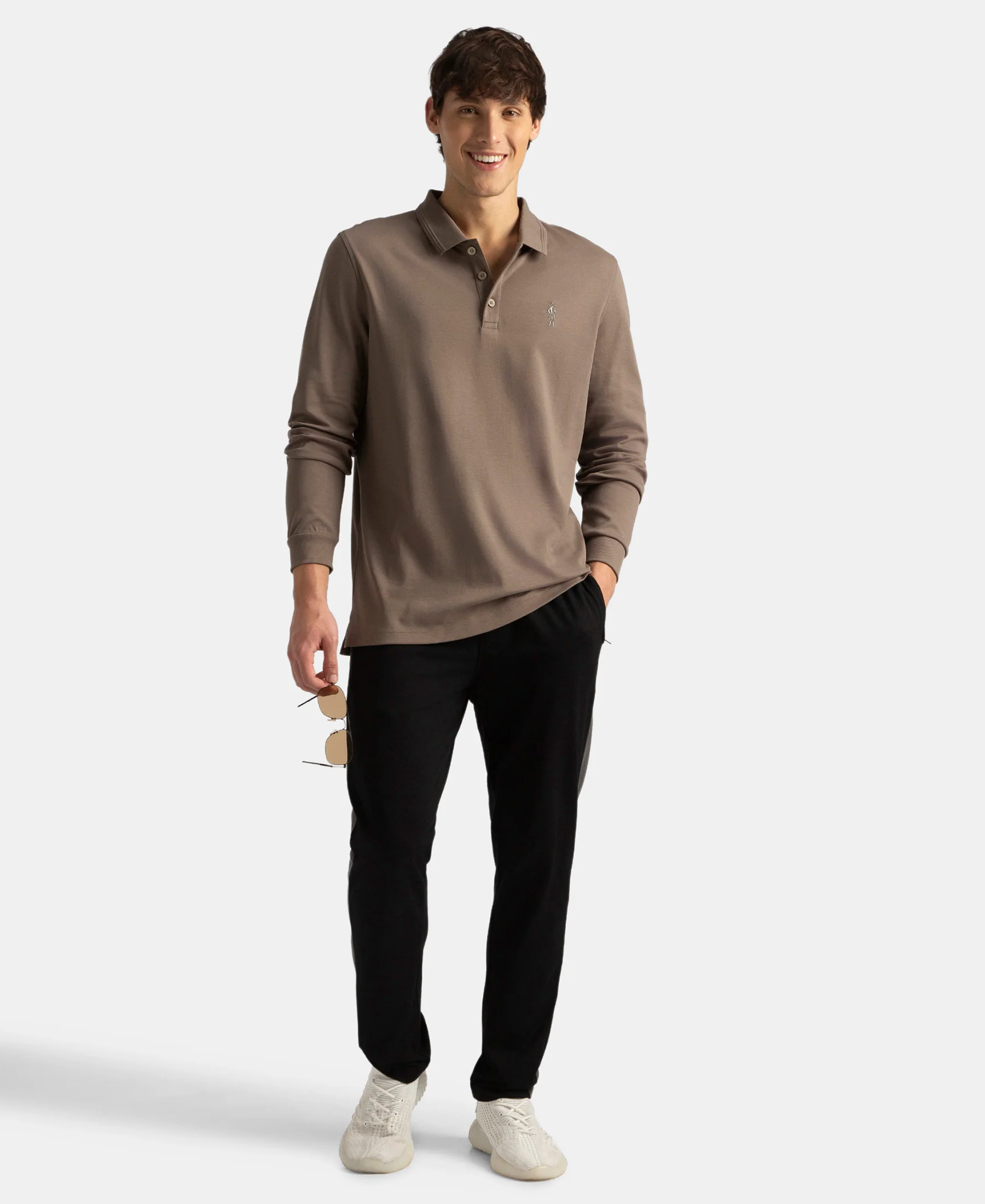 Super Combed Cotton Rich Solid Full Sleeve Polo T-Shirt with Ribbed Cuffs - Dark Khaki - Image 4