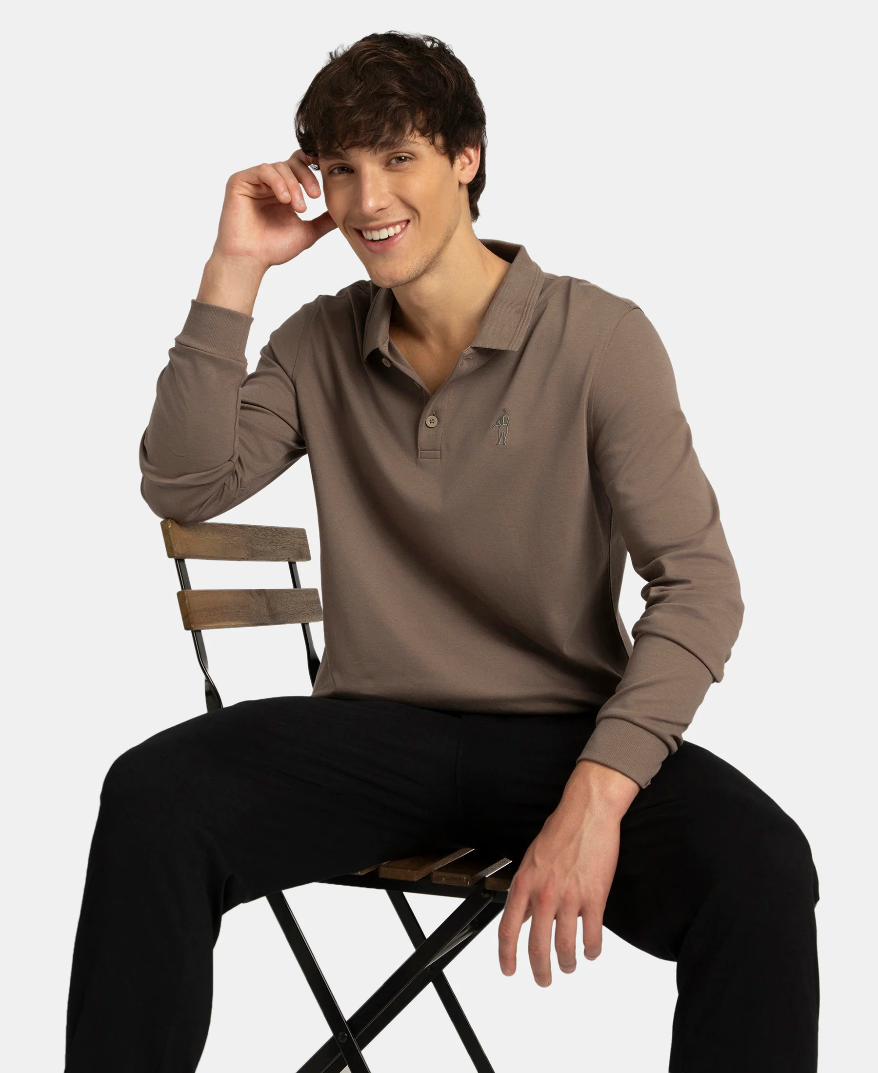 Super Combed Cotton Rich Solid Full Sleeve Polo T-Shirt with Ribbed Cuffs - Dark Khaki - Image 5