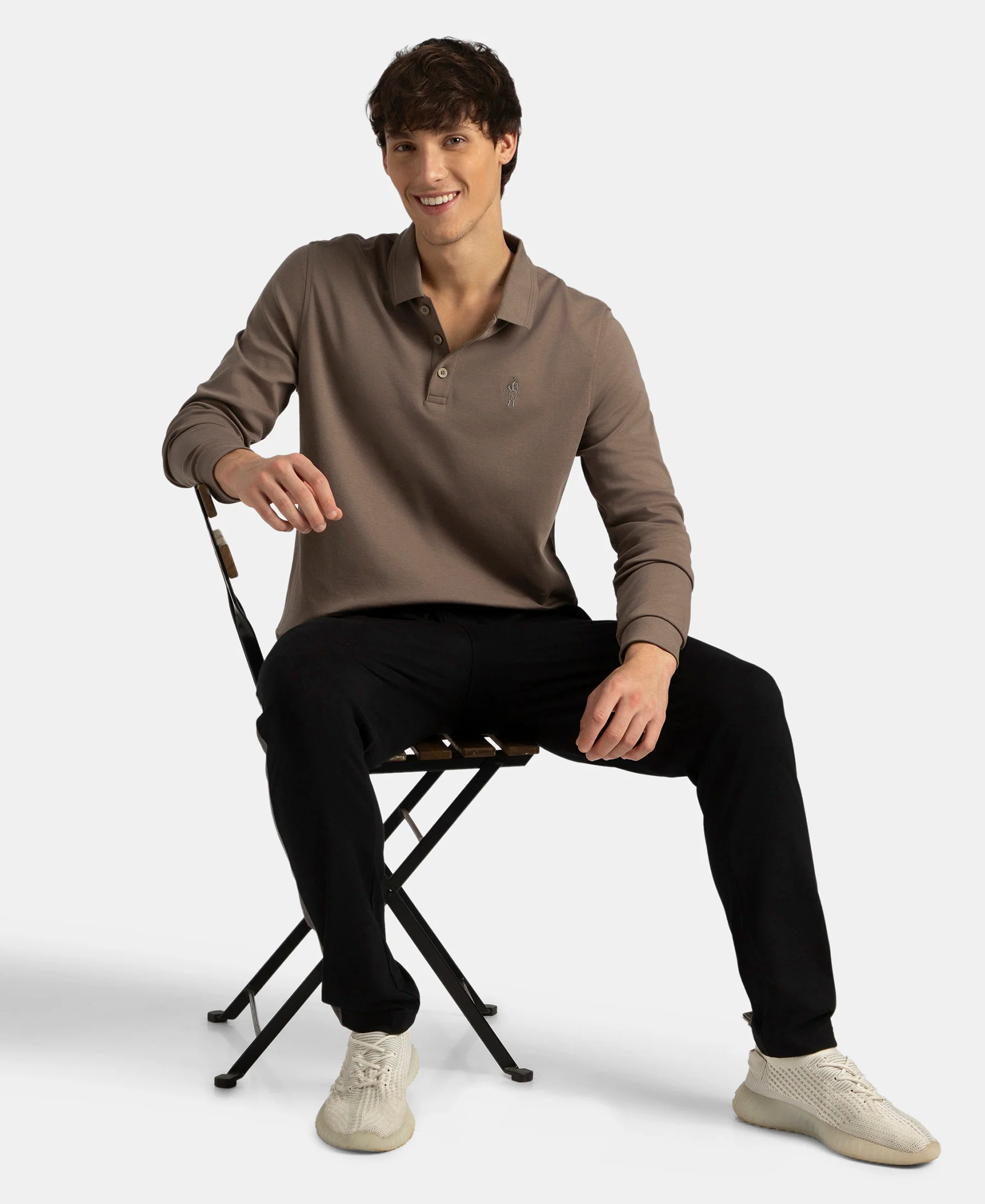Super Combed Cotton Rich Solid Full Sleeve Polo T-Shirt with Ribbed Cuffs - Dark Khaki - Image 6