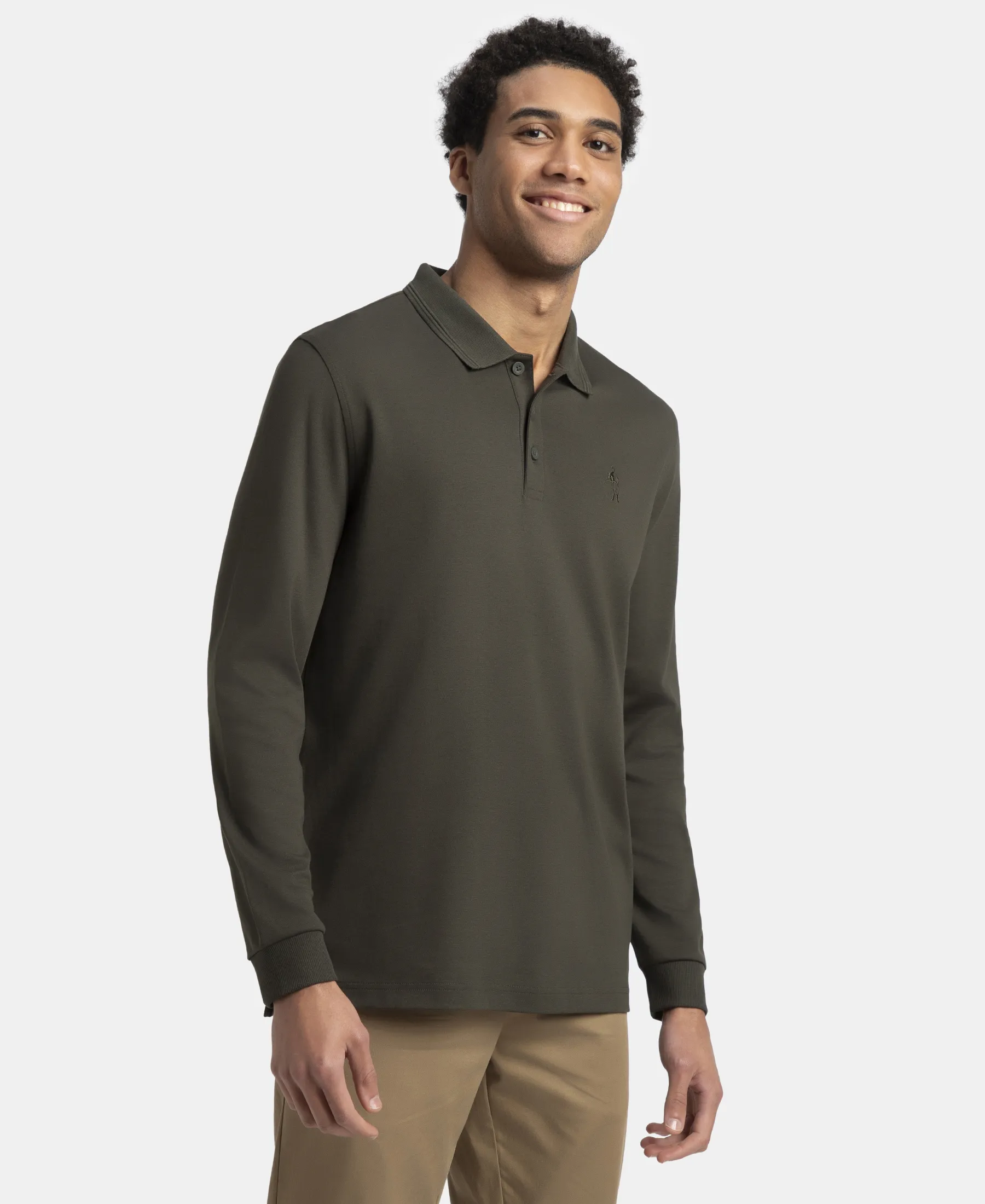Super Combed Cotton Rich Solid Full Sleeve Polo T-Shirt with Ribbed Cuffs - Olive - Image 2