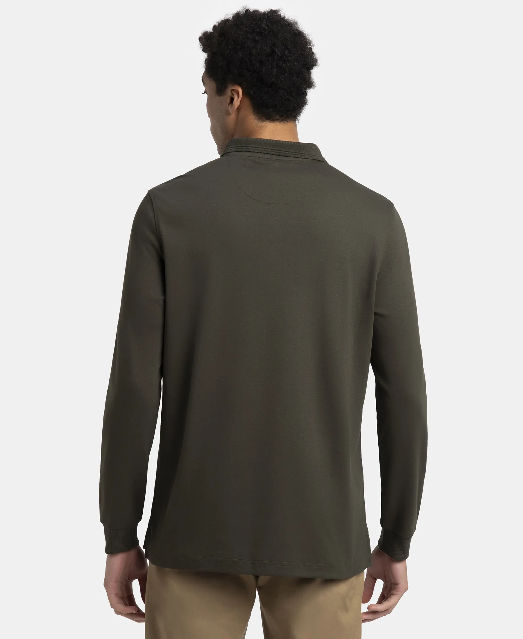 Super Combed Cotton Rich Solid Full Sleeve Polo T-Shirt with Ribbed Cuffs - Olive - Image 3
