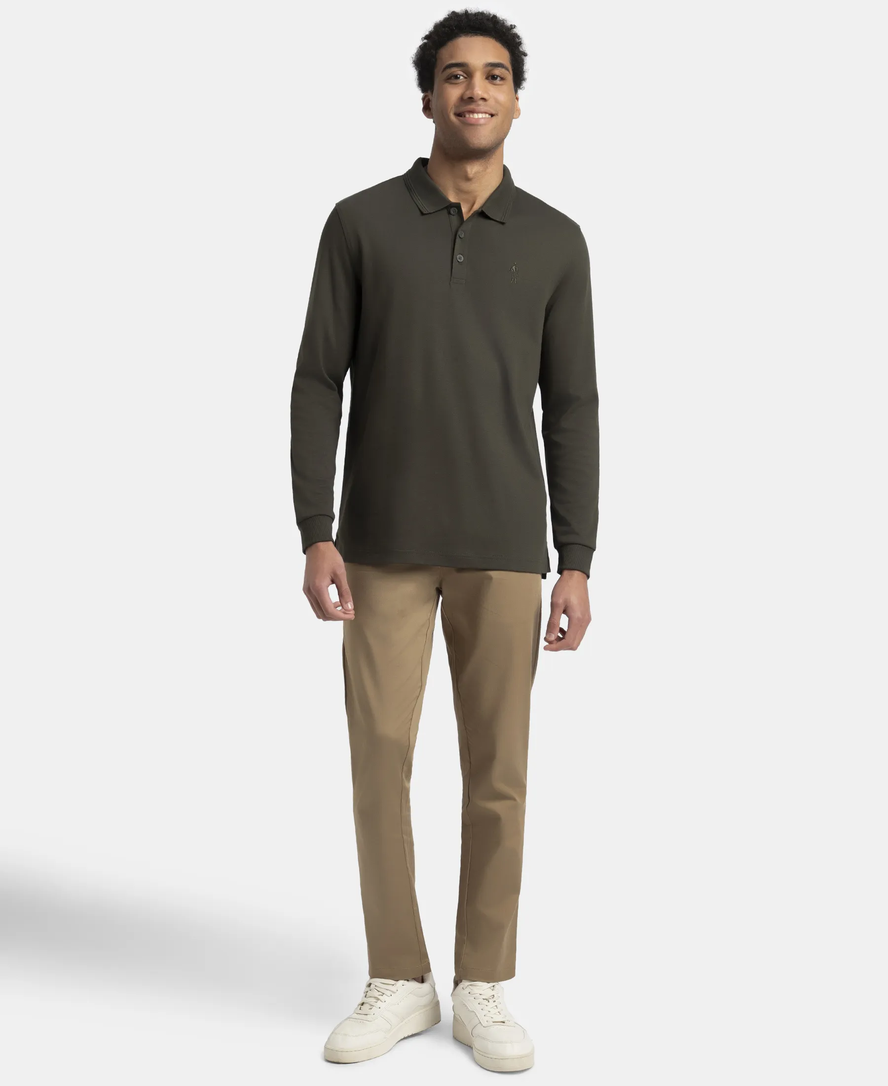 Super Combed Cotton Rich Solid Full Sleeve Polo T-Shirt with Ribbed Cuffs - Olive - Image 4