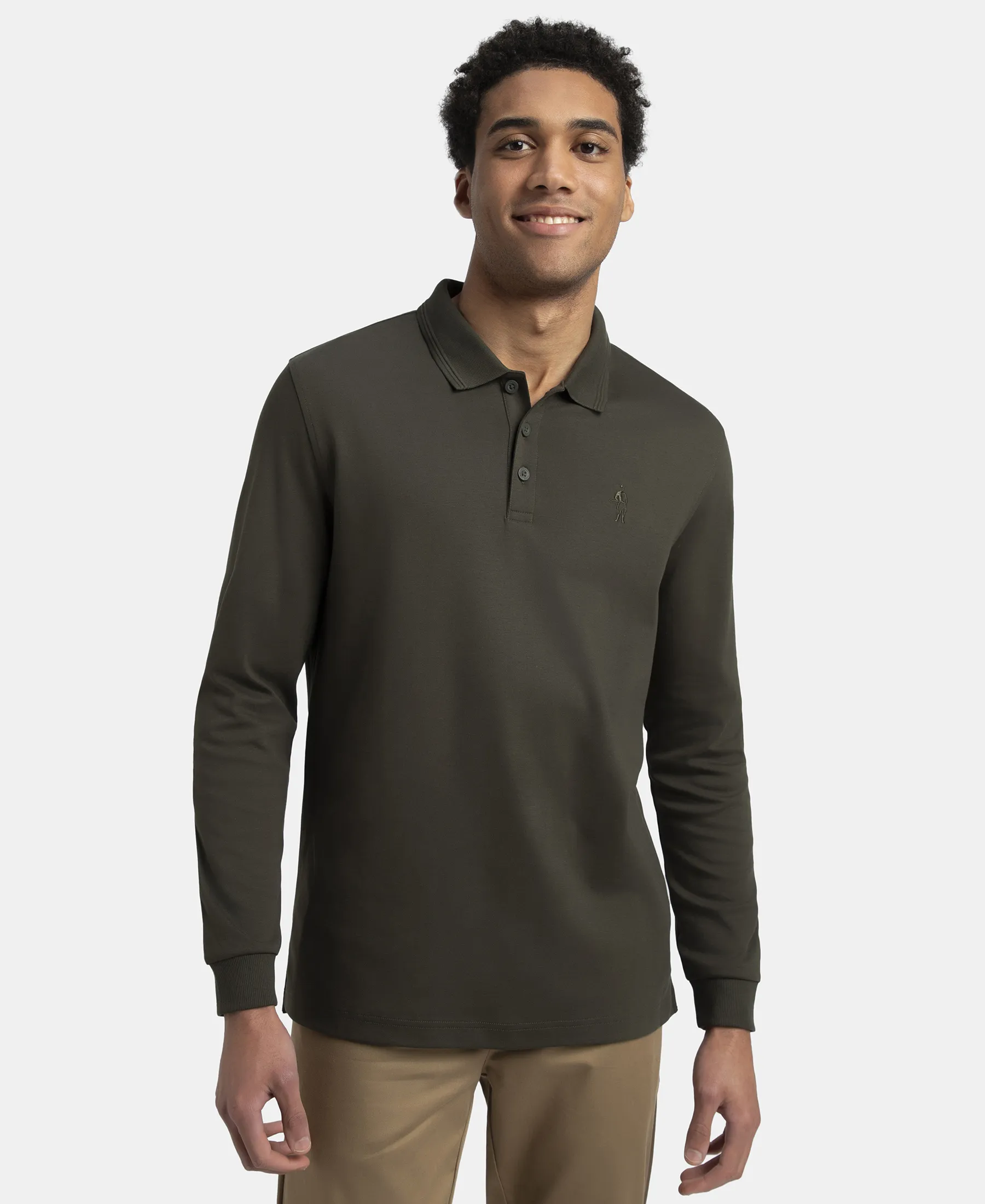 Super Combed Cotton Rich Solid Full Sleeve Polo T-Shirt with Ribbed Cuffs - Olive - Image 5